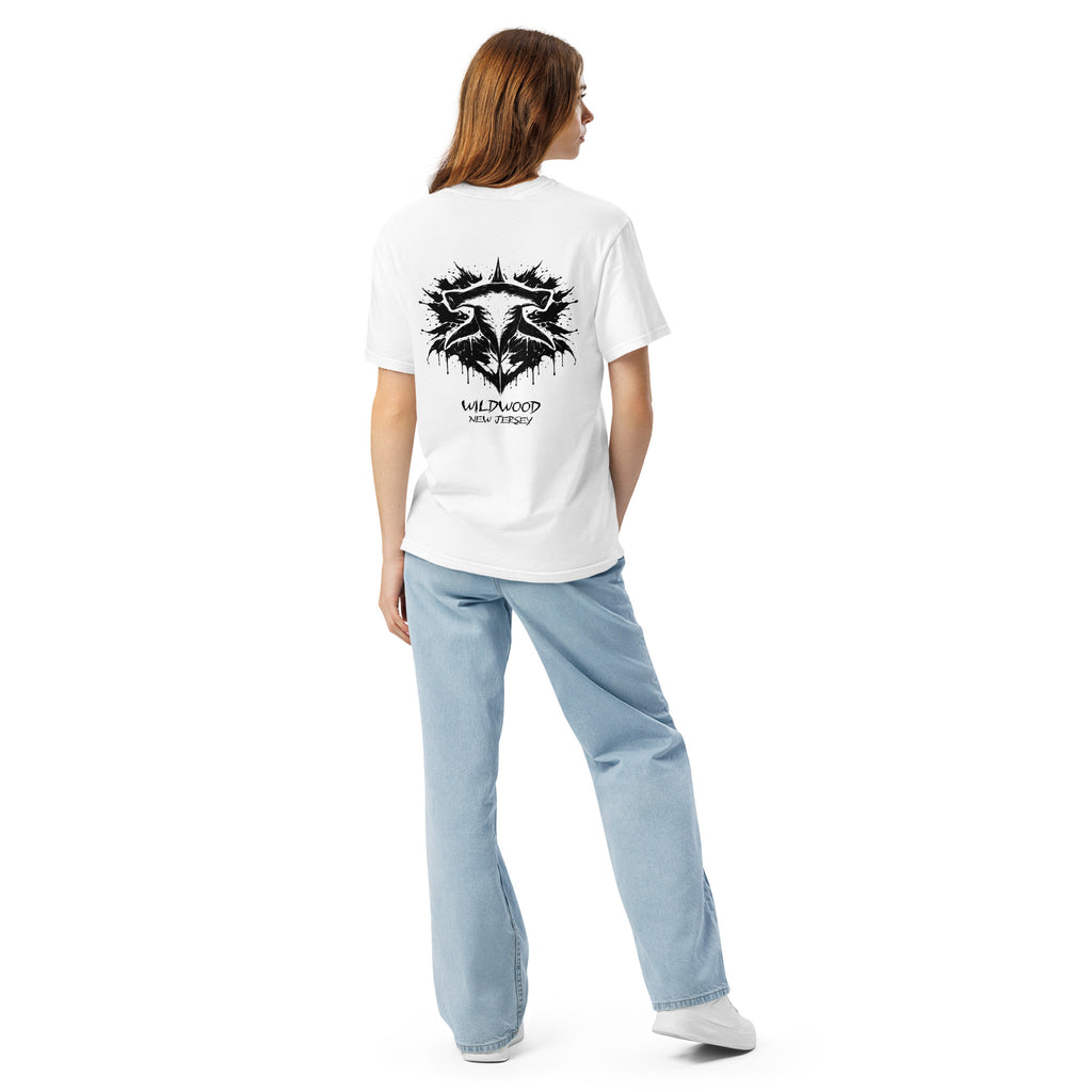 Rorschach Series Hammerhead garment-dyed heavyweight tee third back view in white featuring black Rorschach ink-blot hammerhead shark design with "Wildwood New Jersey" text – 17th & Surf