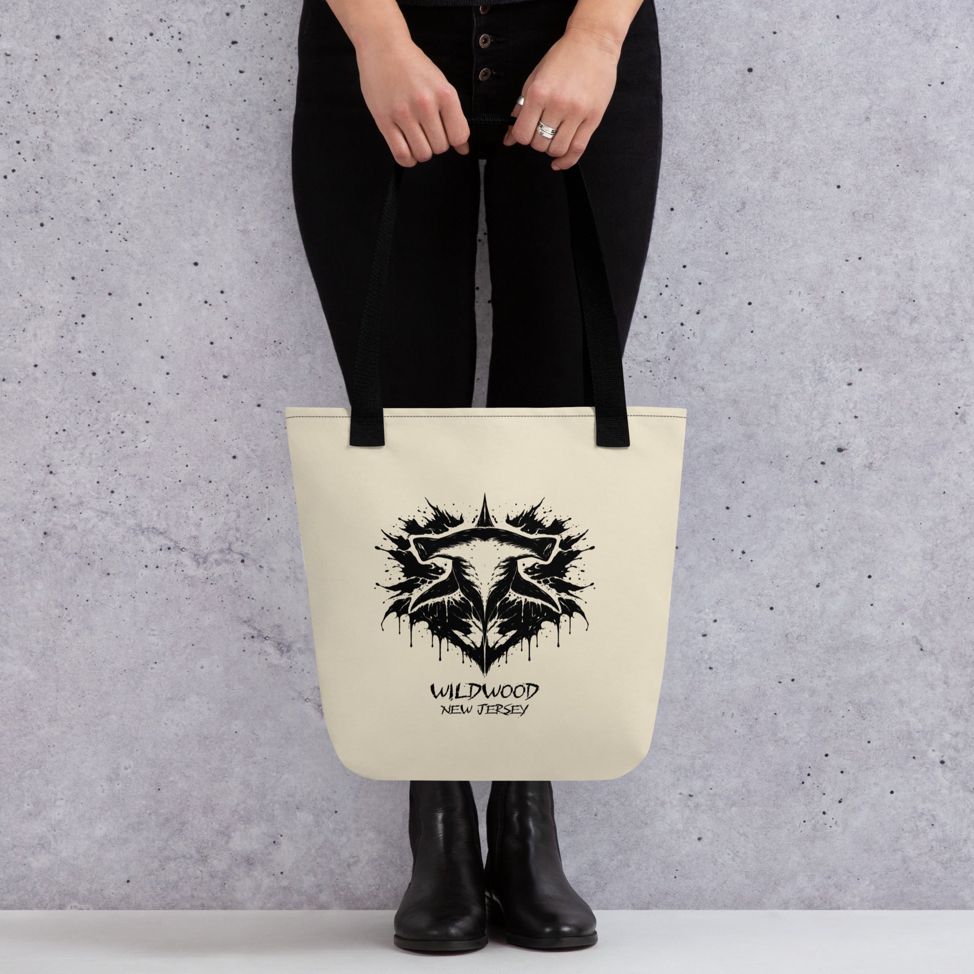 Rorschach Series Hammerhead natural canvas tote bag third front view featuring black Rorschach ink-blot hammerhead shark design with "Wildwood New Jersey" text – 17th & Surf