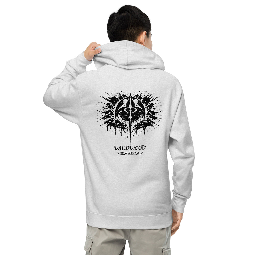 Rorschach Series Horseshoe Crab garment-dyed heavyweight hoodie back view on male model in heather grey featuring black Rorschach ink-blot horseshoe crab design with "Wildwood New Jersey" text – 17th & Surf