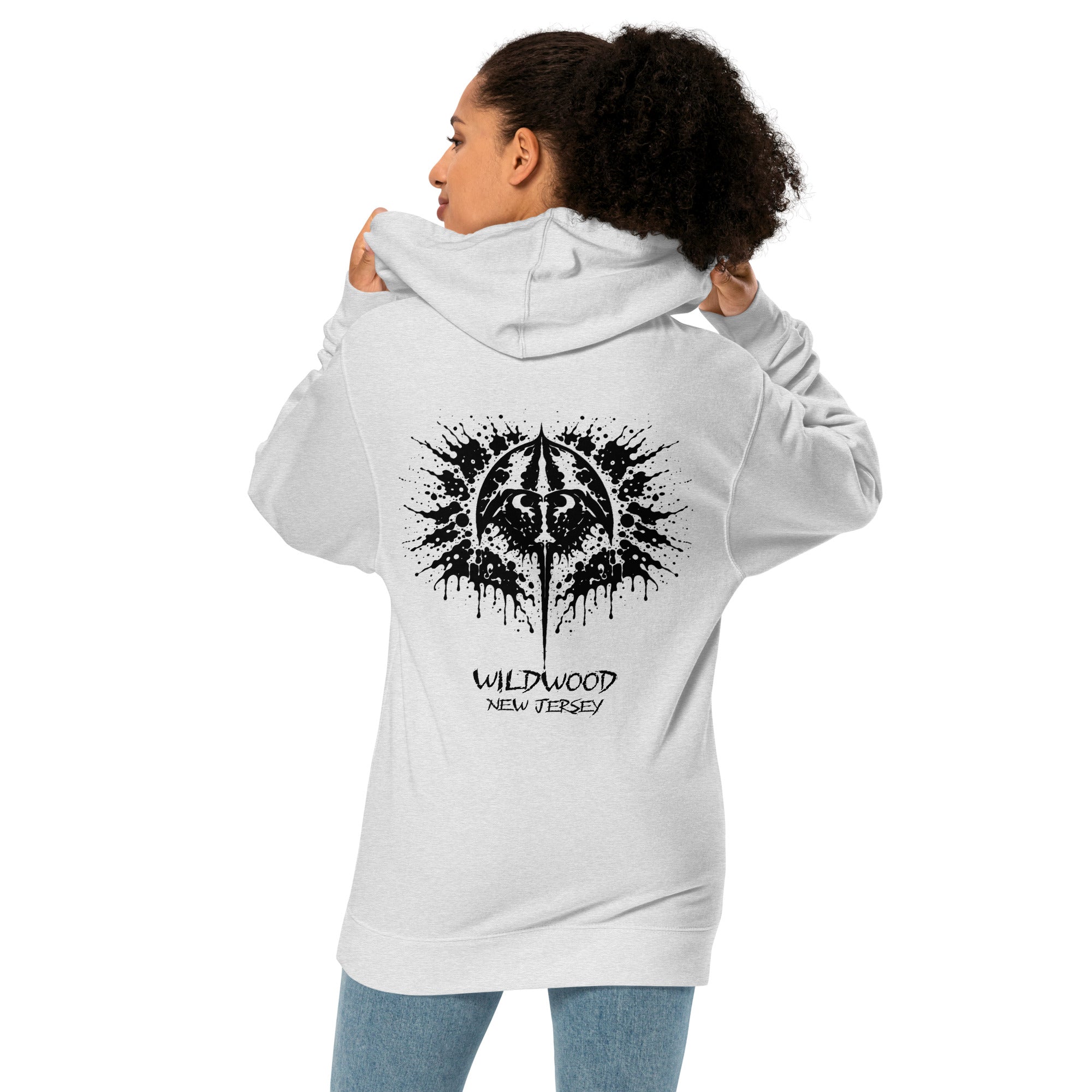 Rorschach Series Horseshoe Crab garment-dyed heavyweight hoodie back view on female model in heather grey featuring black Rorschach ink-blot horseshoe crab design with "Wildwood New Jersey" text – 17th & Surf