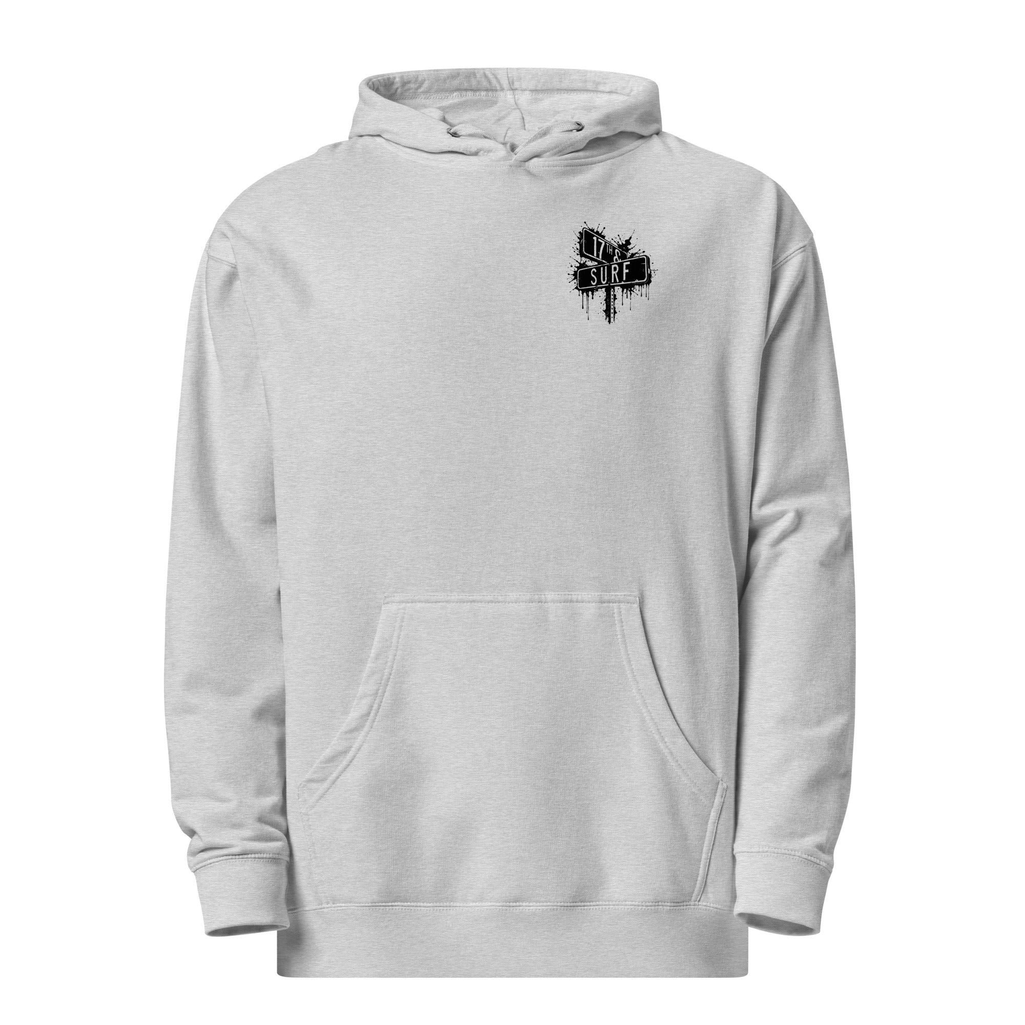 Rorschach Series Horseshoe Crab garment-dyed heavyweight hoodie flat lay front view in heather grey showing small "17th & Surf" street sign chest logo – 17th & Surf