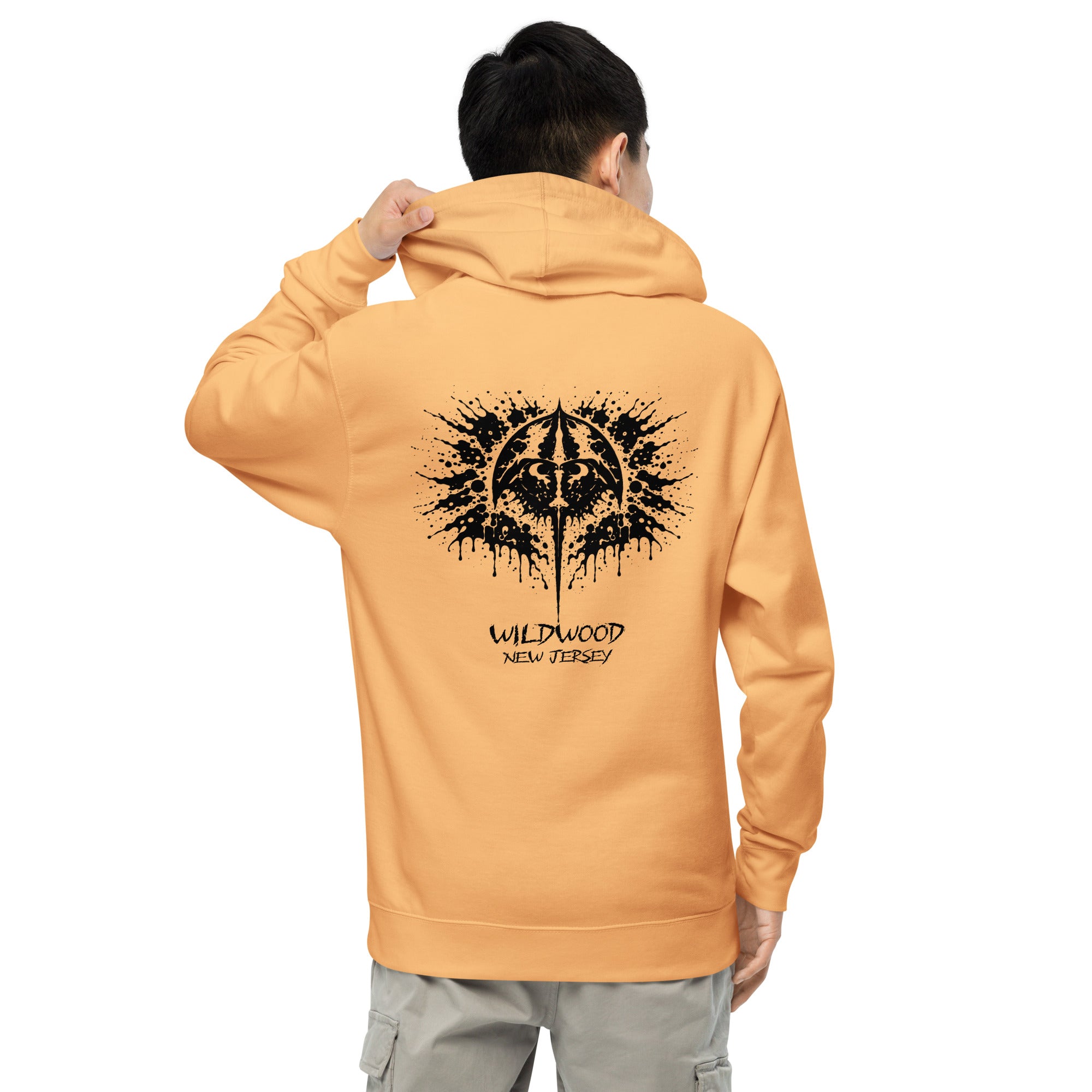 Rorschach Series Horseshoe Crab garment-dyed heavyweight hoodie back view on male model in peach featuring black Rorschach ink-blot horseshoe crab design with "Wildwood New Jersey" text – 17th & Surf