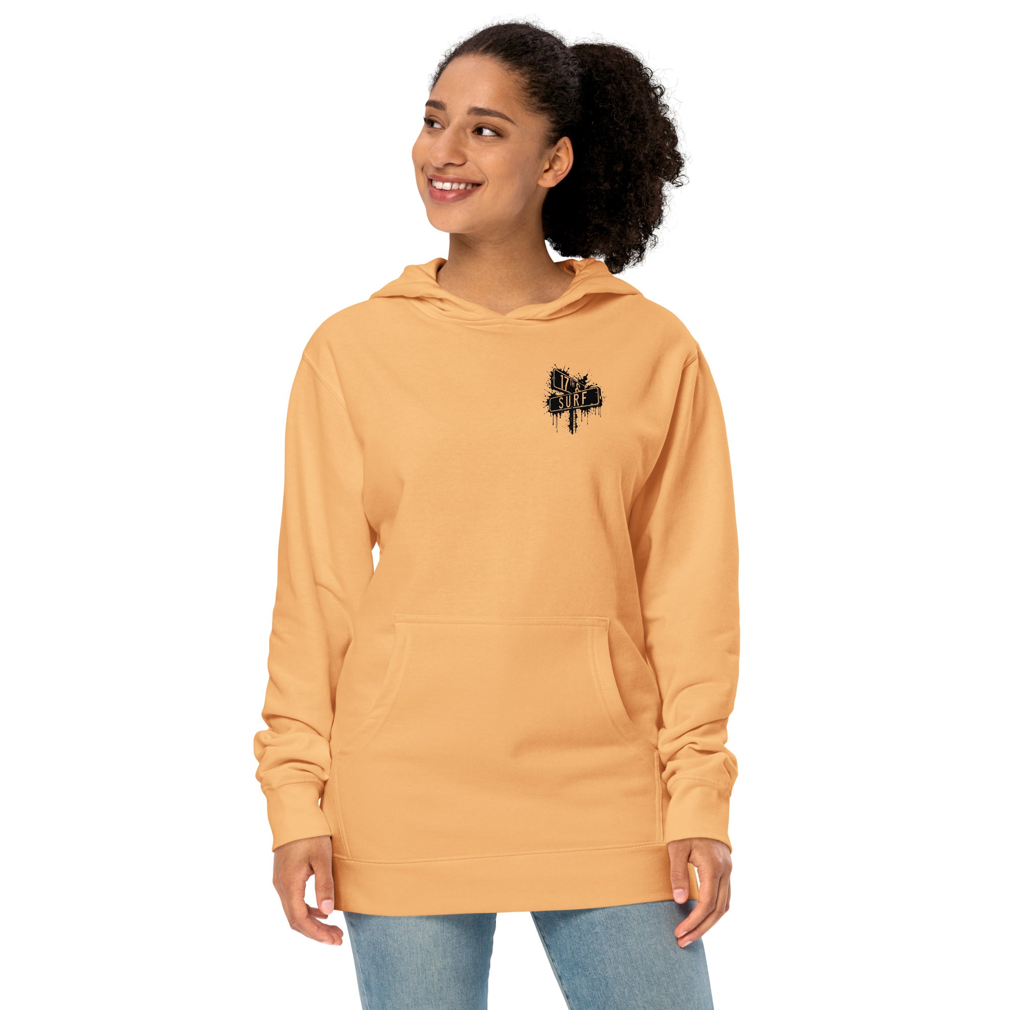 Rorschach Series Horseshoe Crab garment-dyed heavyweight hoodie front view on female model in peach showing small "17th & Surf" street sign chest logo – 17th & Surf