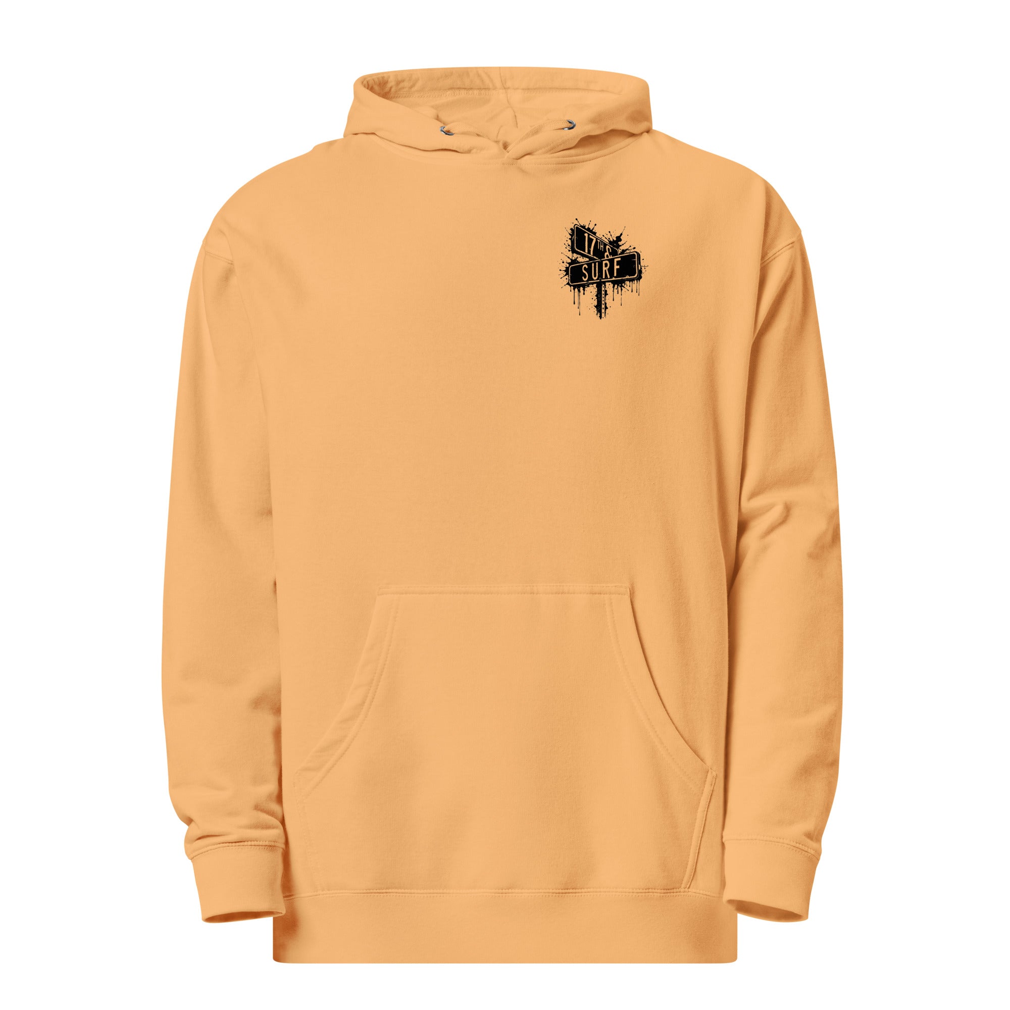 Rorschach Series Horseshoe Crab garment-dyed heavyweight hoodie flat lay front view in peach showing small "17th & Surf" street sign chest logo – 17th & Surf