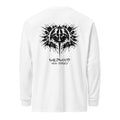Rorschach Series Horseshoe Crab garment-dyed heavyweight long sleeve shirt flat lay back view in white featuring black Rorschach ink-blot horseshoe crab design with "Wildwood New Jersey" text – 17th & Surf