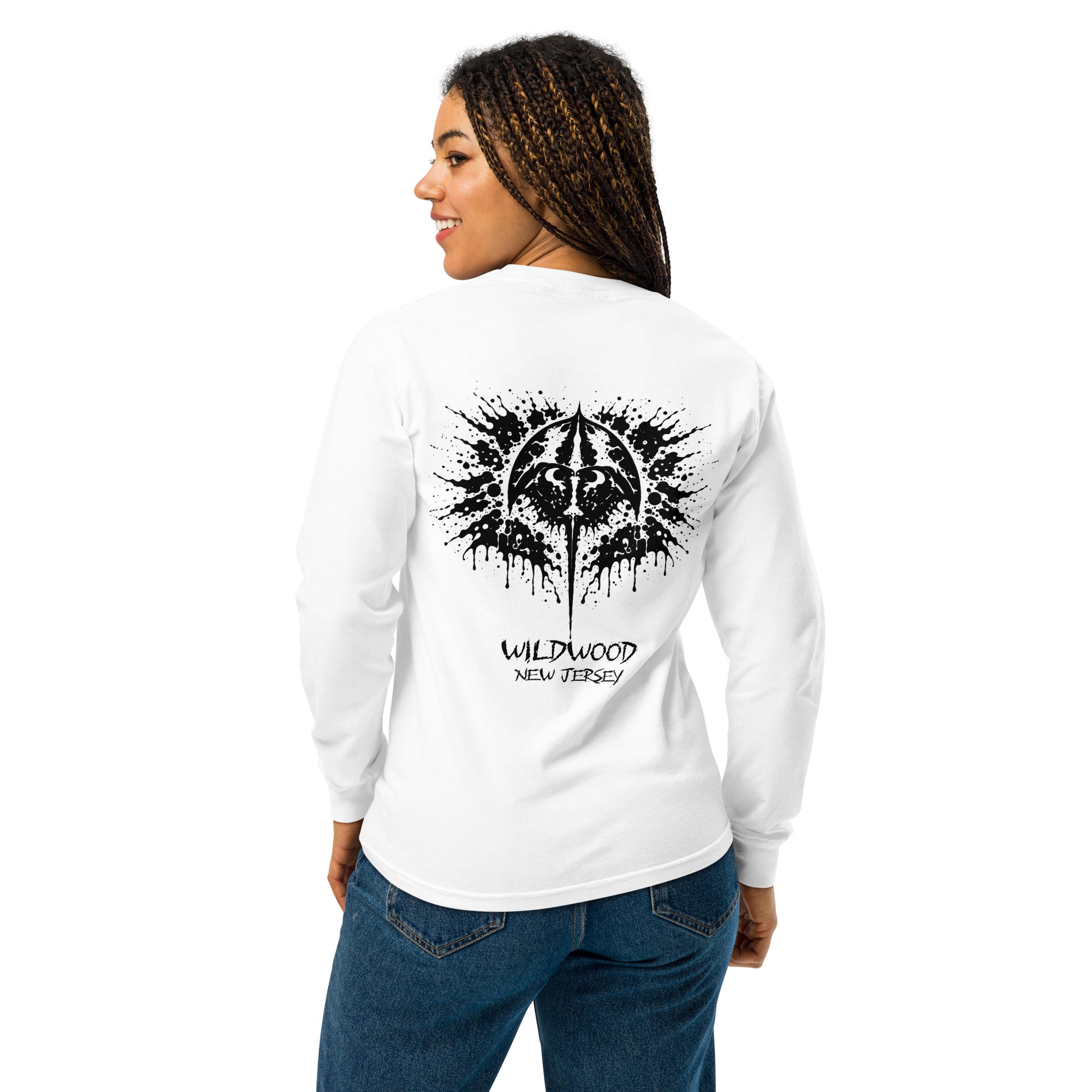 Rorschach Series Horseshoe Crab garment-dyed heavyweight long sleeve shirt back view on model in white featuring black Rorschach ink-blot horseshoe crab design with "Wildwood New Jersey" text – 17th & Surf