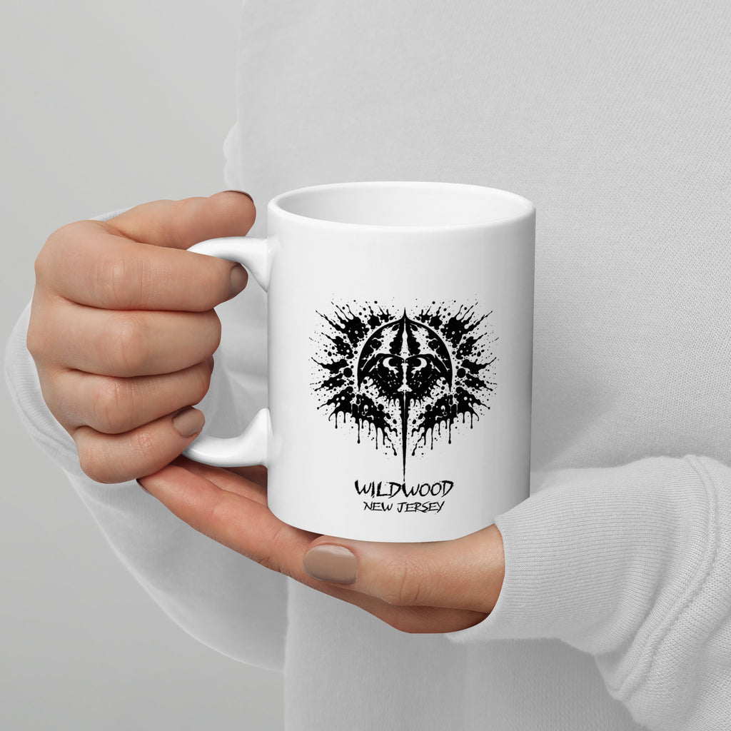 Rorschach Series Horseshoe Crab 11oz mug held in hand featuring black Rorschach ink-blot horseshoe crab design with "Wildwood New Jersey" text – 17th & Surf