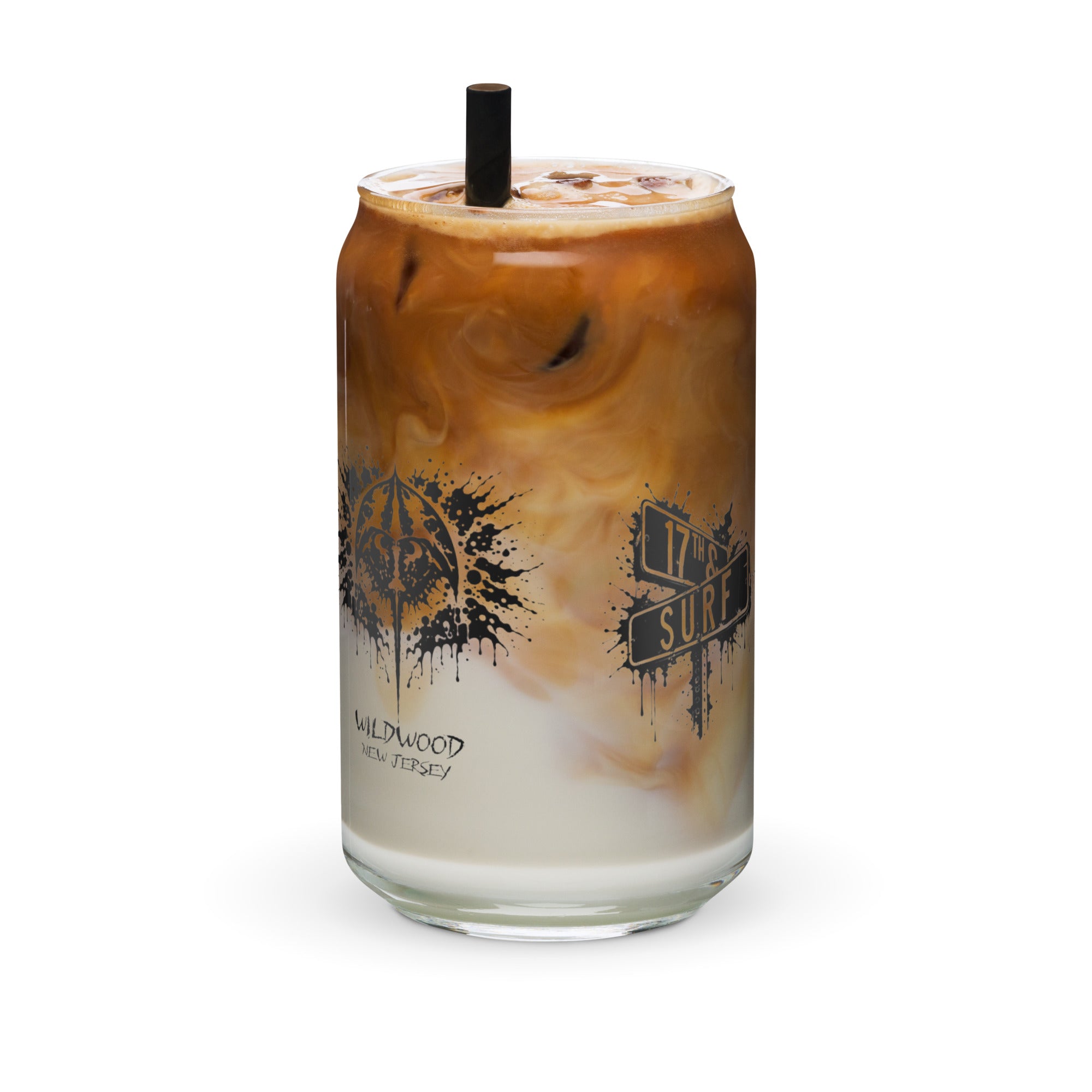 Rorschach Series Horseshoe Crab 16oz soda can glass rotated view featuring black Rorschach ink-blot horseshoe crab design with "Wildwood New Jersey" text and small "17th & Surf" street sign logo visible through glass – 17th & Surf