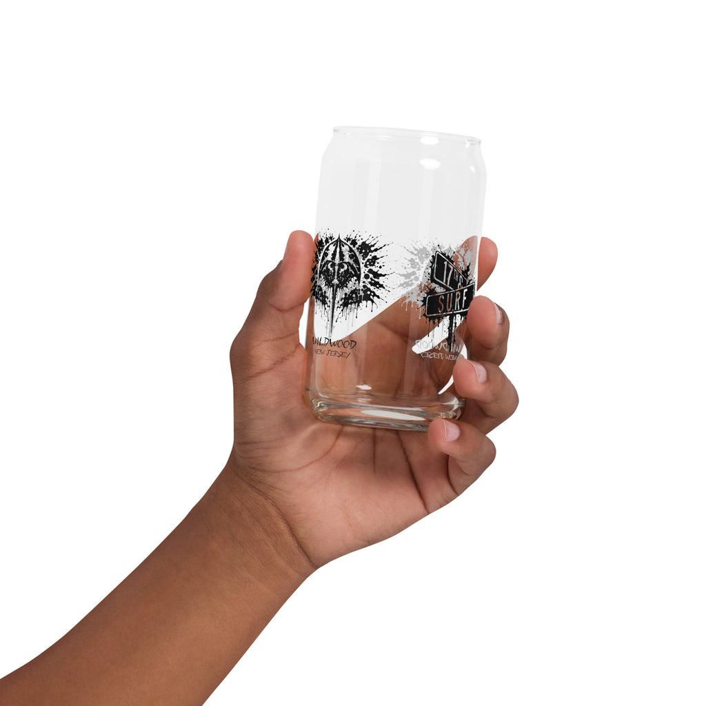 Rorschach Series Horseshoe Crab 16oz soda can glass held in hand featuring black Rorschach ink-blot horseshoe crab design with "Wildwood New Jersey" text and small "17th & Surf" street sign logo visible through glass – 17th & Surf
