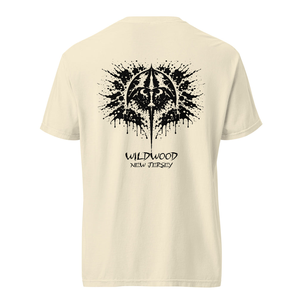 Rorschach Series Horseshoe Crab garment-dyed heavyweight t-shirt flat lay back view in ivory featuring black Rorschach ink-blot horseshoe crab design with "Wildwood New Jersey" text – 17th & Surf