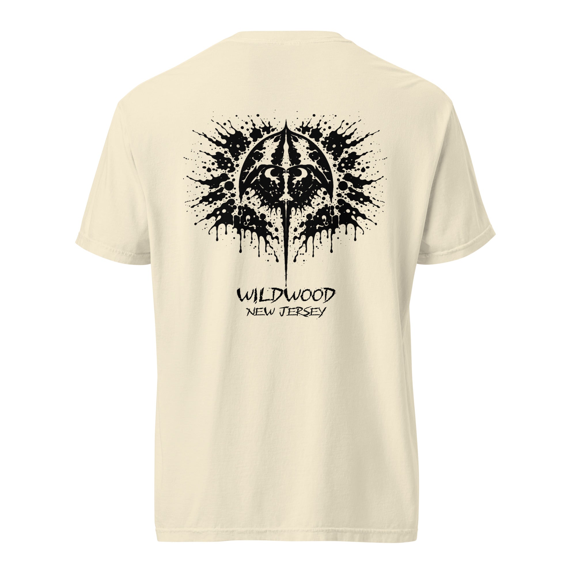 Rorschach Series Horseshoe Crab garment-dyed heavyweight t-shirt flat lay back view in ivory featuring black Rorschach ink-blot horseshoe crab design with "Wildwood New Jersey" text – 17th & Surf