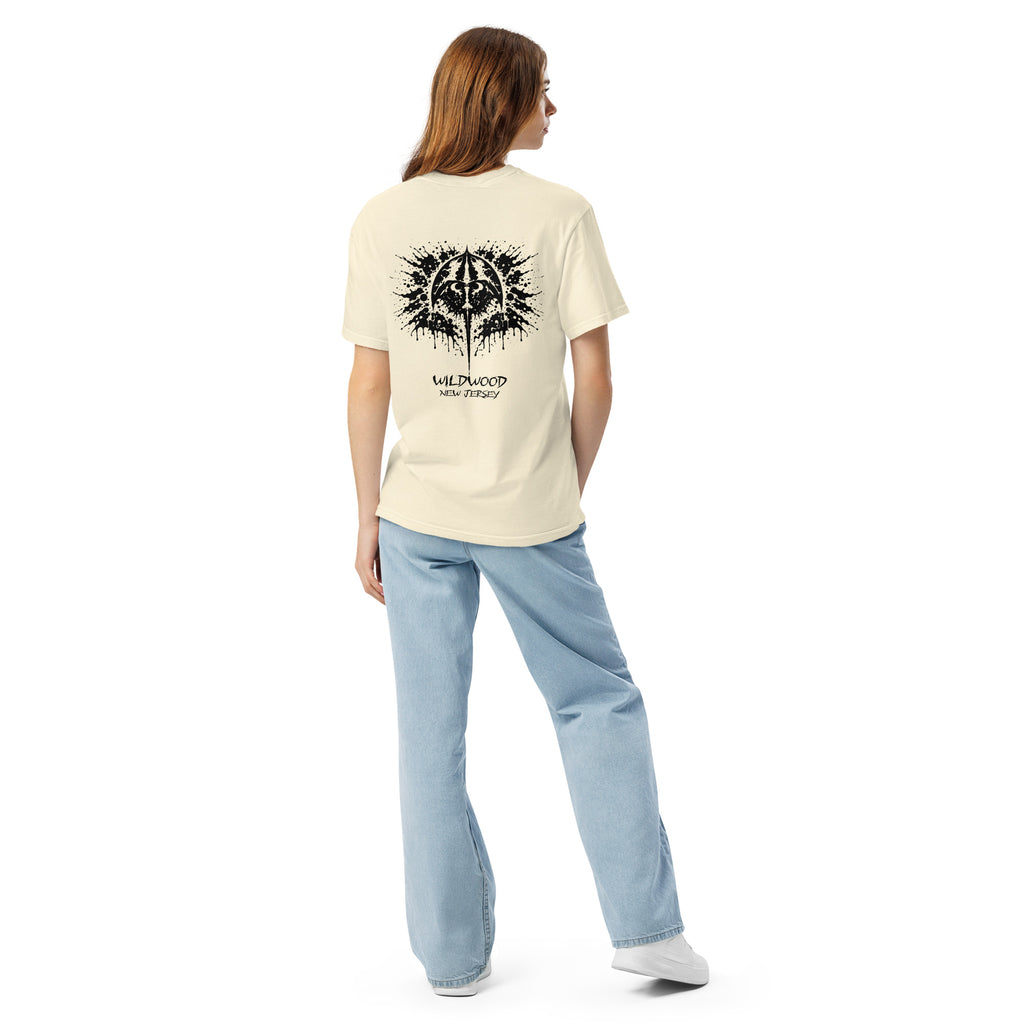 Rorschach Series Horseshoe Crab garment-dyed heavyweight t-shirt back view on female model in ivory featuring black Rorschach ink-blot horseshoe crab design with "Wildwood New Jersey" text – 17th & Surf