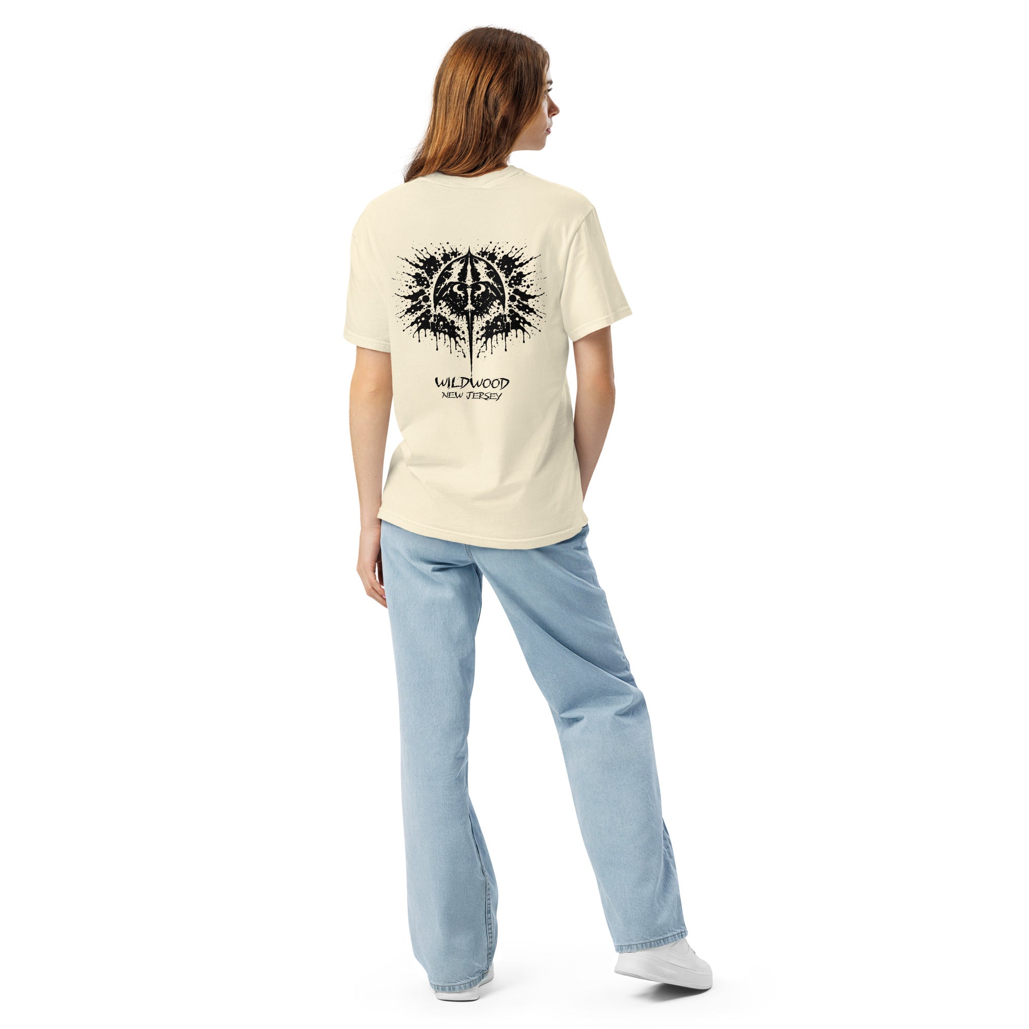 Rorschach Series Horseshoe Crab garment-dyed heavyweight t-shirt back view on female model in ivory featuring black Rorschach ink-blot horseshoe crab design with "Wildwood New Jersey" text – 17th & Surf