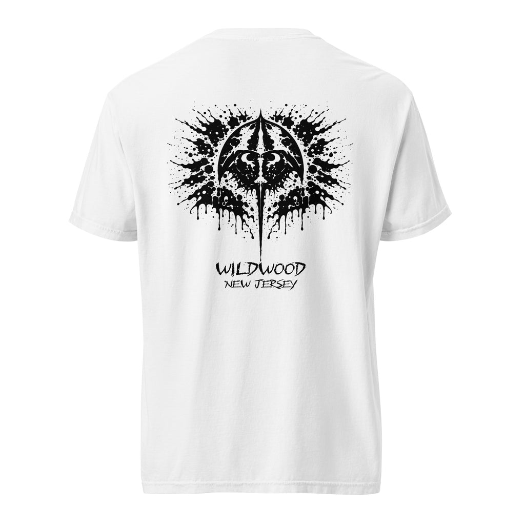 Rorschach Series Horseshoe Crab garment-dyed heavyweight t-shirt flat lay back view in white featuring black Rorschach ink-blot horseshoe crab design with "Wildwood New Jersey" text – 17th & Surf