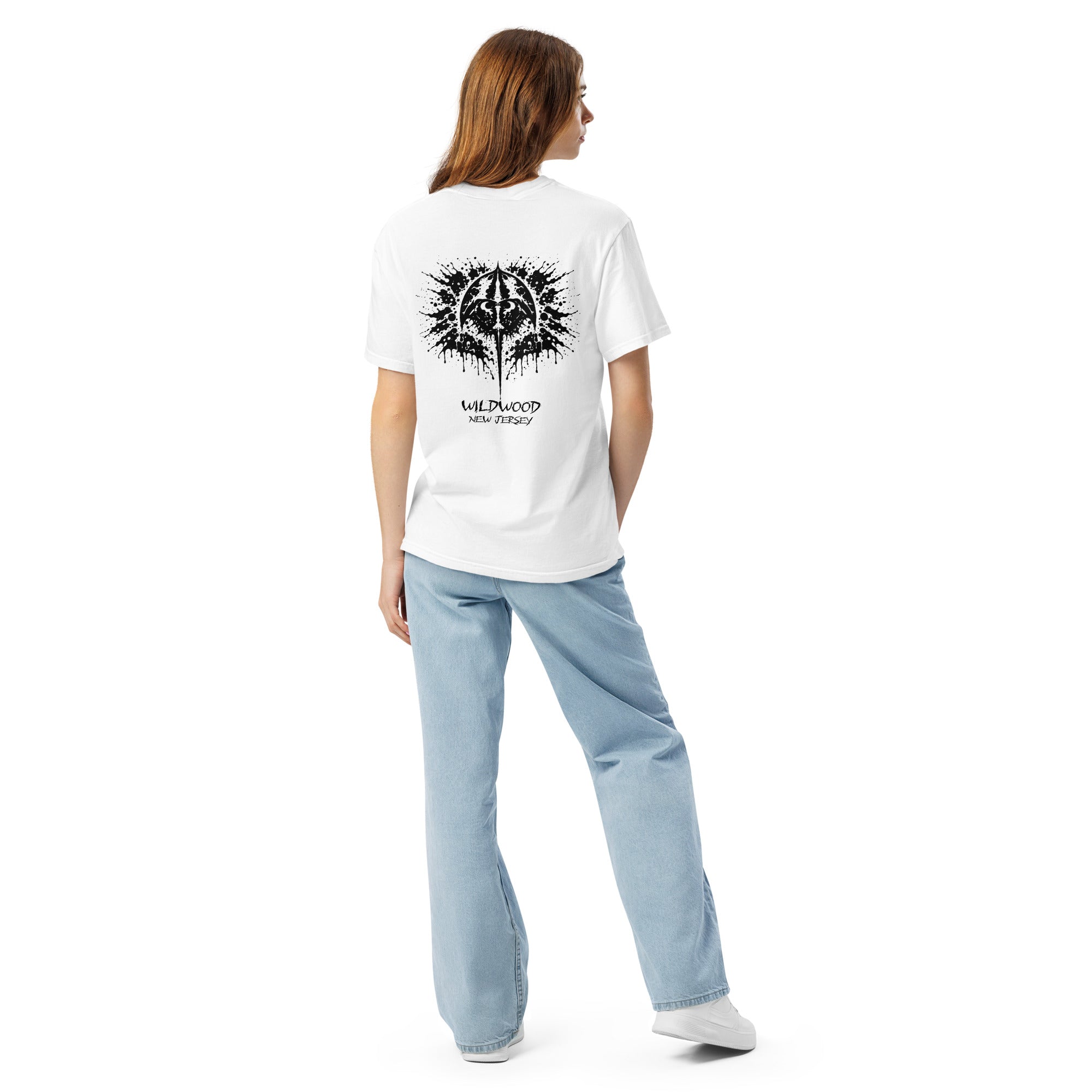 Rorschach Series Horseshoe Crab garment-dyed heavyweight t-shirt back view on female model in white featuring black Rorschach ink-blot horseshoe crab design with "Wildwood New Jersey" text – 17th & Surf