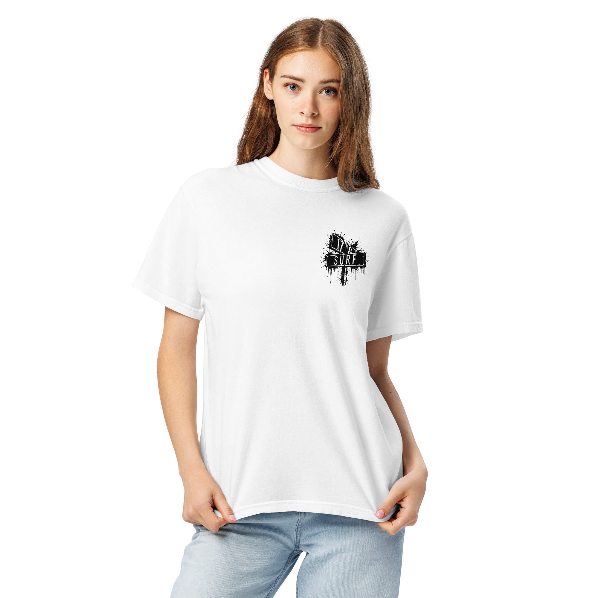 Rorschach Series Horseshoe Crab garment-dyed heavyweight t-shirt front view on female model in white showing small "17th & Surf" street sign chest logo – 17th & Surf