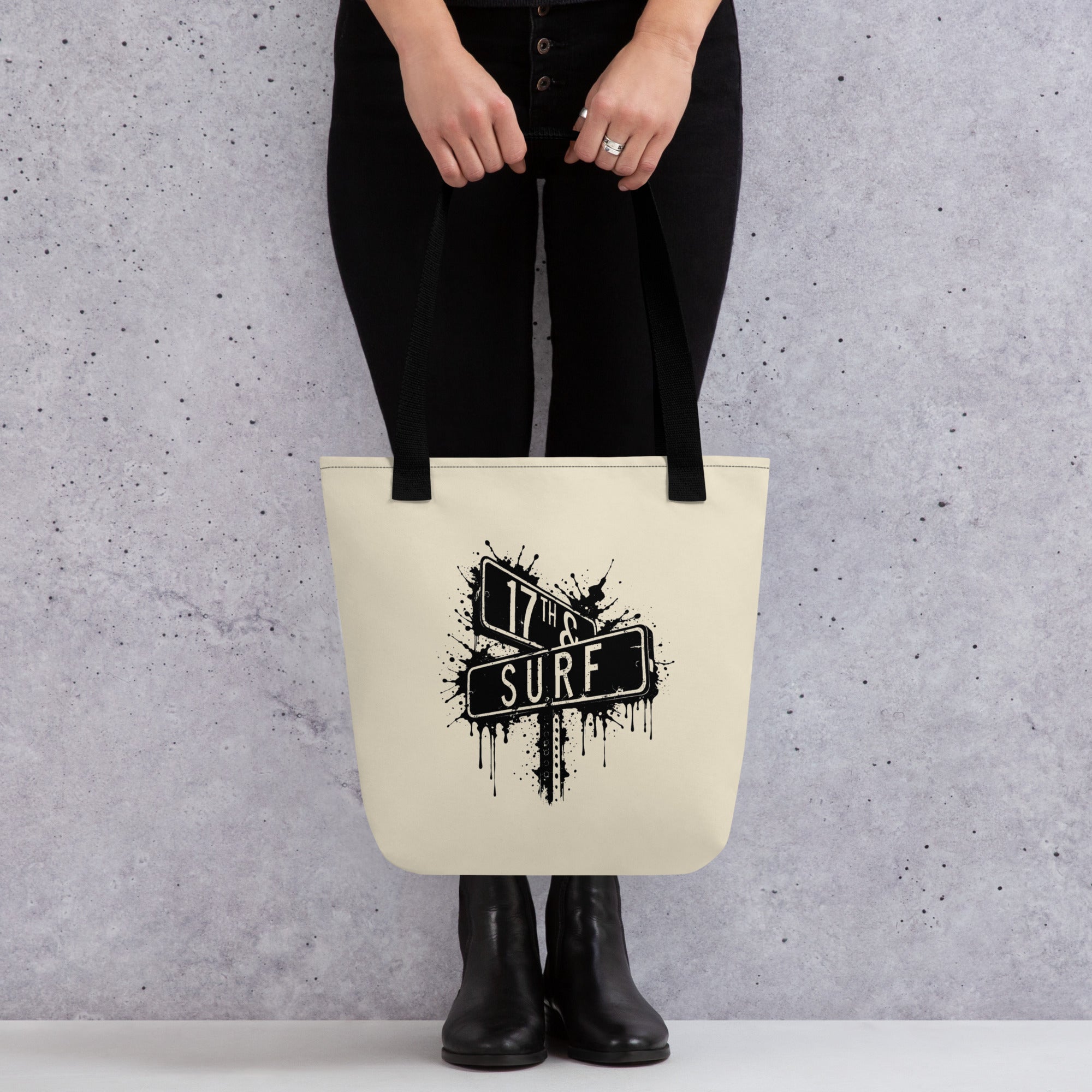 Rorschach Series Horseshoe Crab all-over print canvas tote bag held view on model showing small "17th & Surf" street sign logo – 17th & Surf