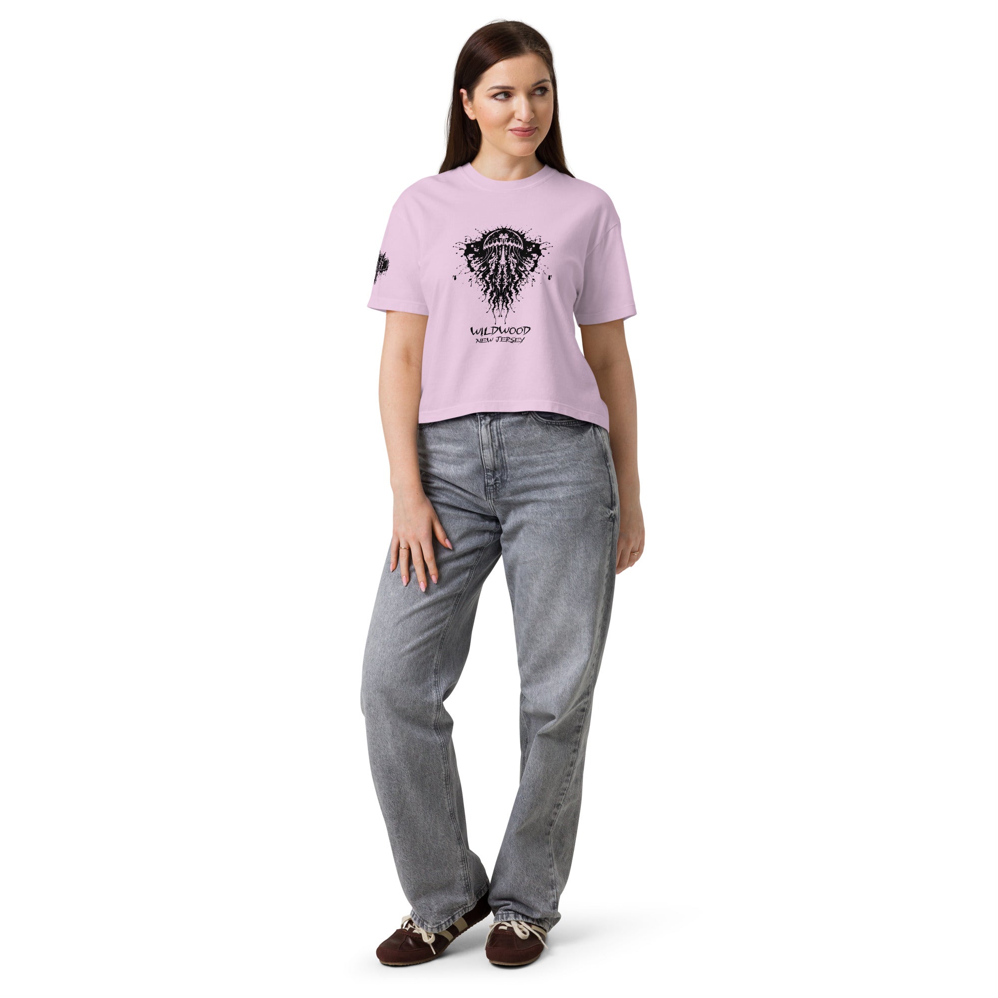 Rorschach Series Jellyfish women's heavyweight boxy t-shirt front view on model in orchid featuring black Rorschach ink-blot jellyfish design with "Wildwood New Jersey" text – 17th & Surf