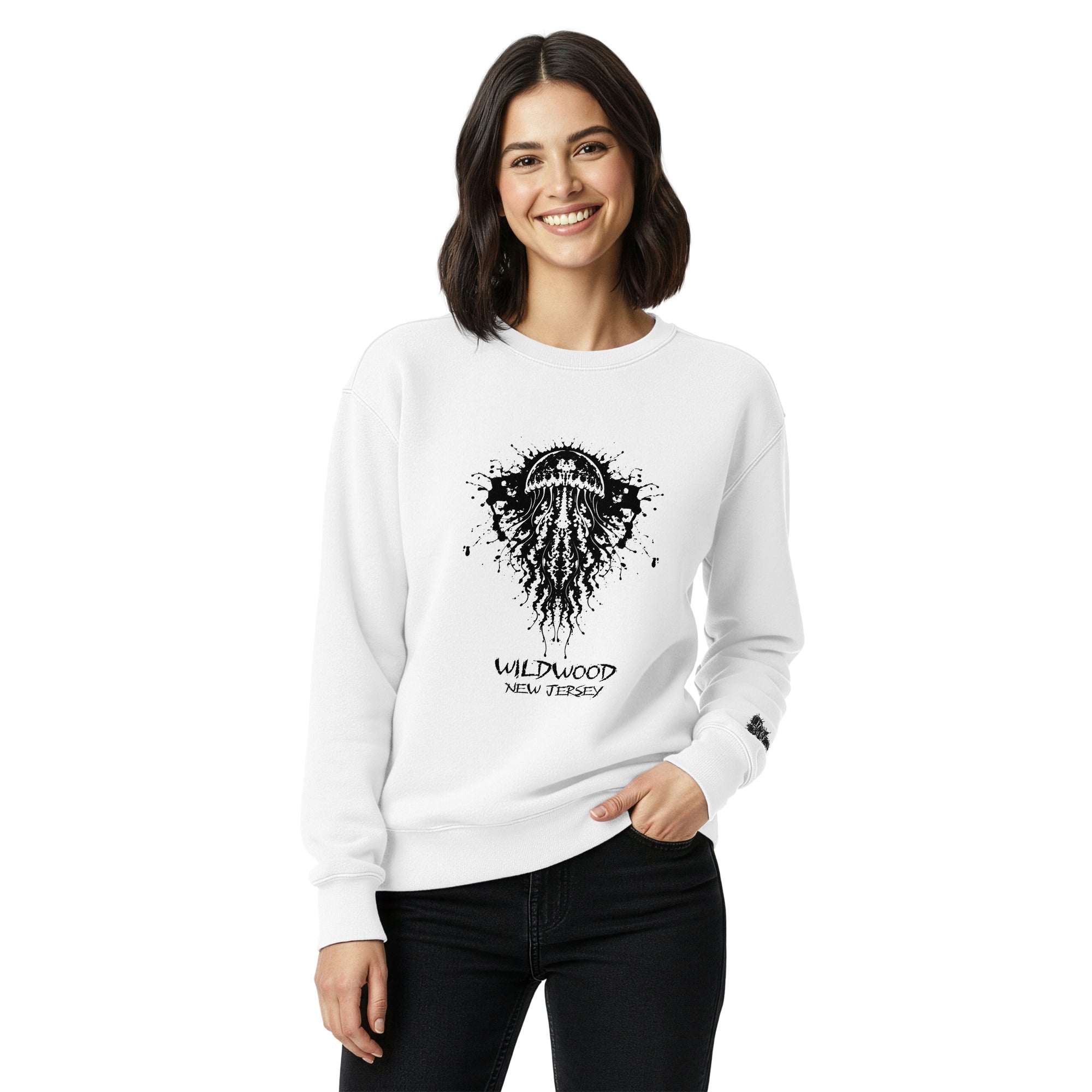 Rorschach Series Jellyfish heavyweight crewneck sweatshirt front view on female model in white featuring black Rorschach ink-blot jellyfish design with "Wildwood New Jersey" text – 17th & Surf