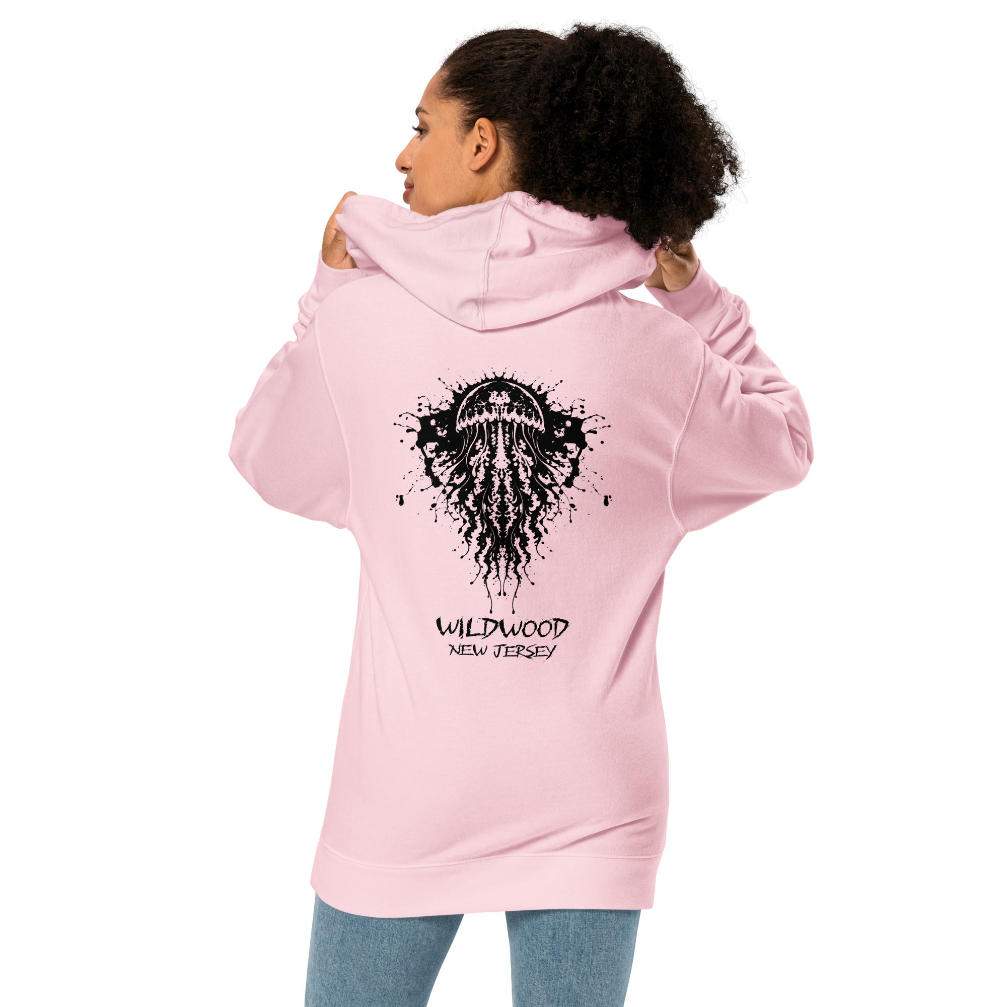 Rorschach Series Jellyfish garment-dyed heavyweight hoodie back view on female model in light pink featuring black Rorschach ink-blot jellyfish design with "Wildwood New Jersey" text – 17th & Surf