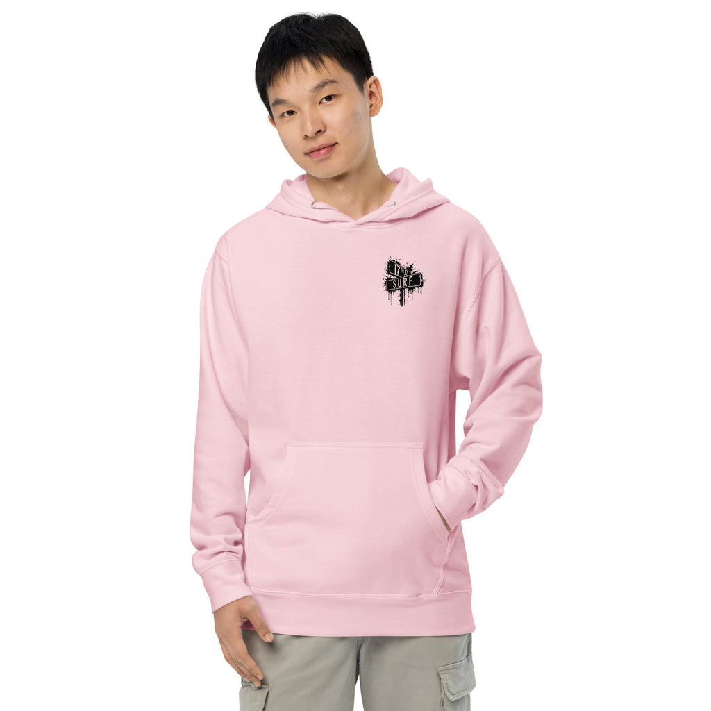 Rorschach Series Jellyfish garment-dyed heavyweight hoodie front view on male model in light pink showing small "17th & Surf" street sign chest logo – 17th & Surf