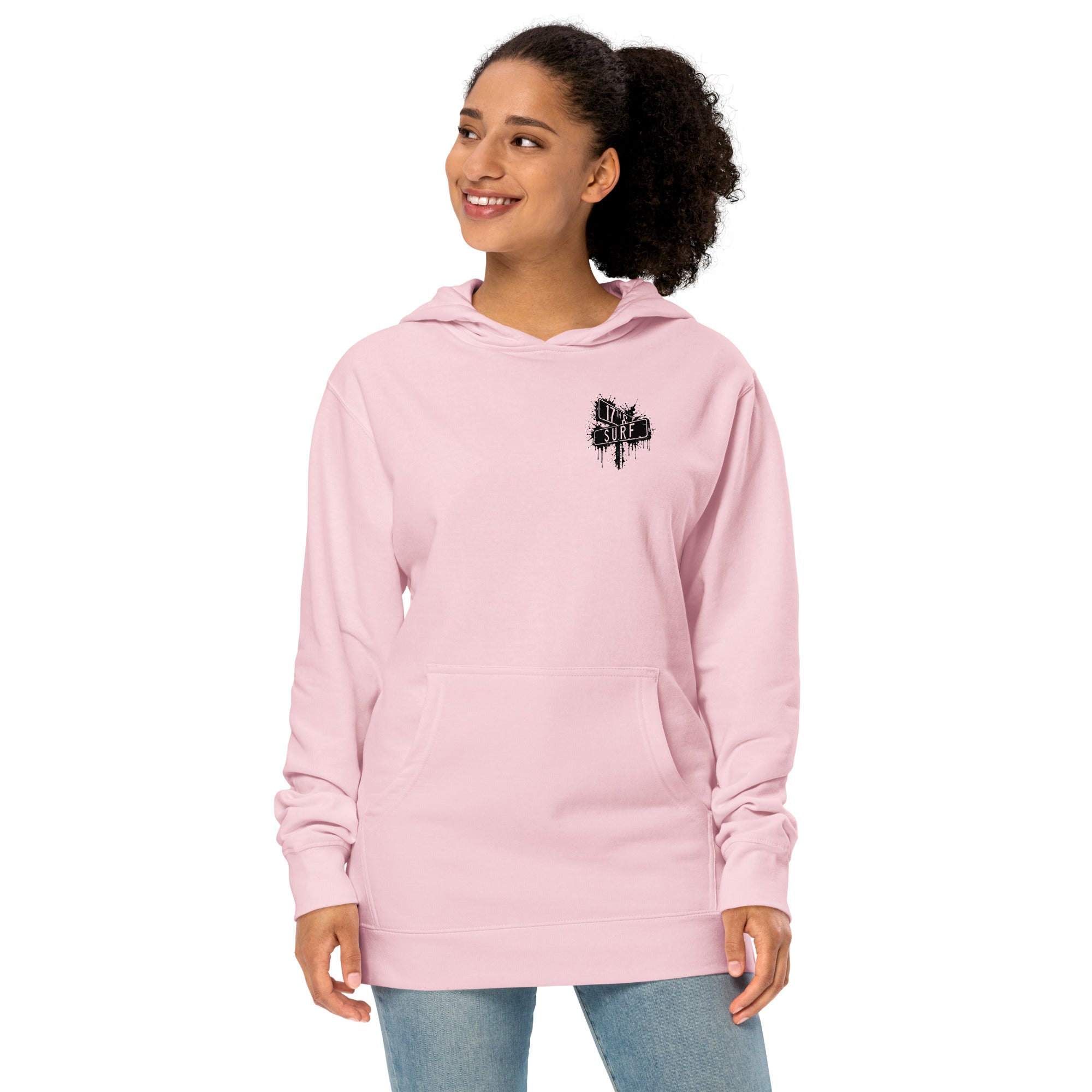 Rorschach Series Jellyfish garment-dyed heavyweight hoodie front view on female model in light pink showing small "17th & Surf" street sign chest logo – 17th & Surf