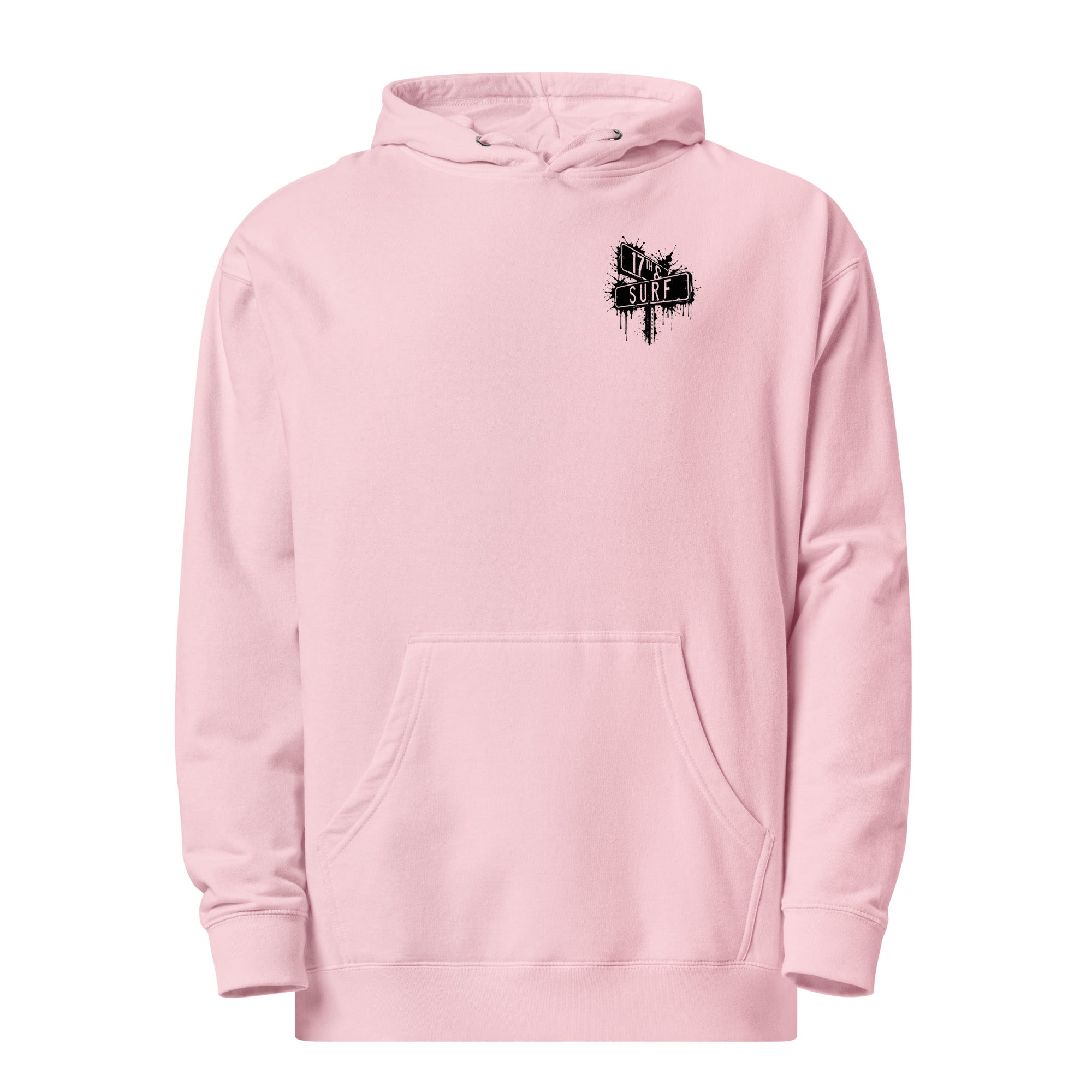 Rorschach Series Jellyfish garment-dyed heavyweight hoodie flat lay front view in light pink showing small "17th & Surf" street sign chest logo – 17th & Surf