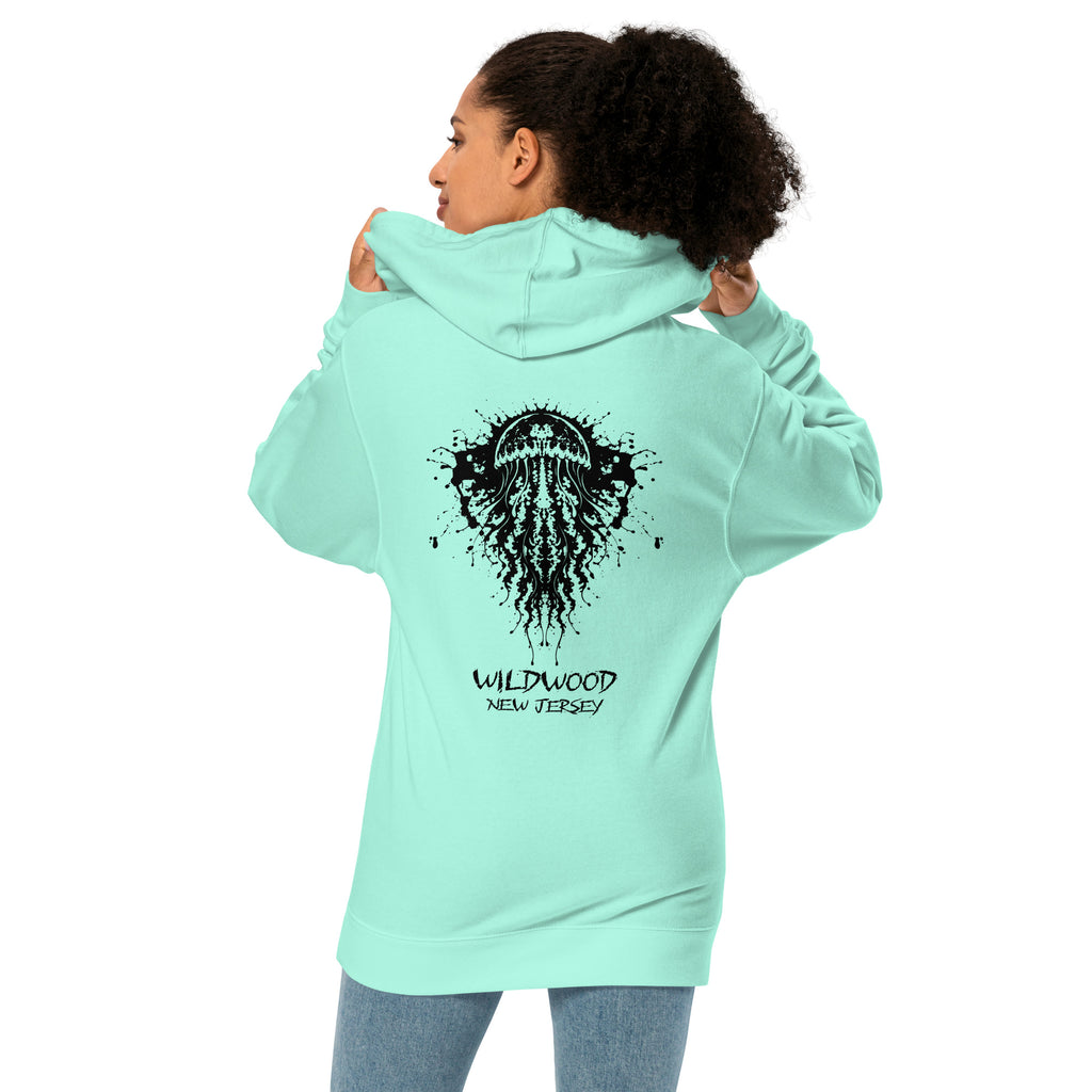Rorschach Series Jellyfish garment-dyed heavyweight hoodie back view on female model in mint featuring black Rorschach ink-blot jellyfish design with "Wildwood New Jersey" text – 17th & Surf