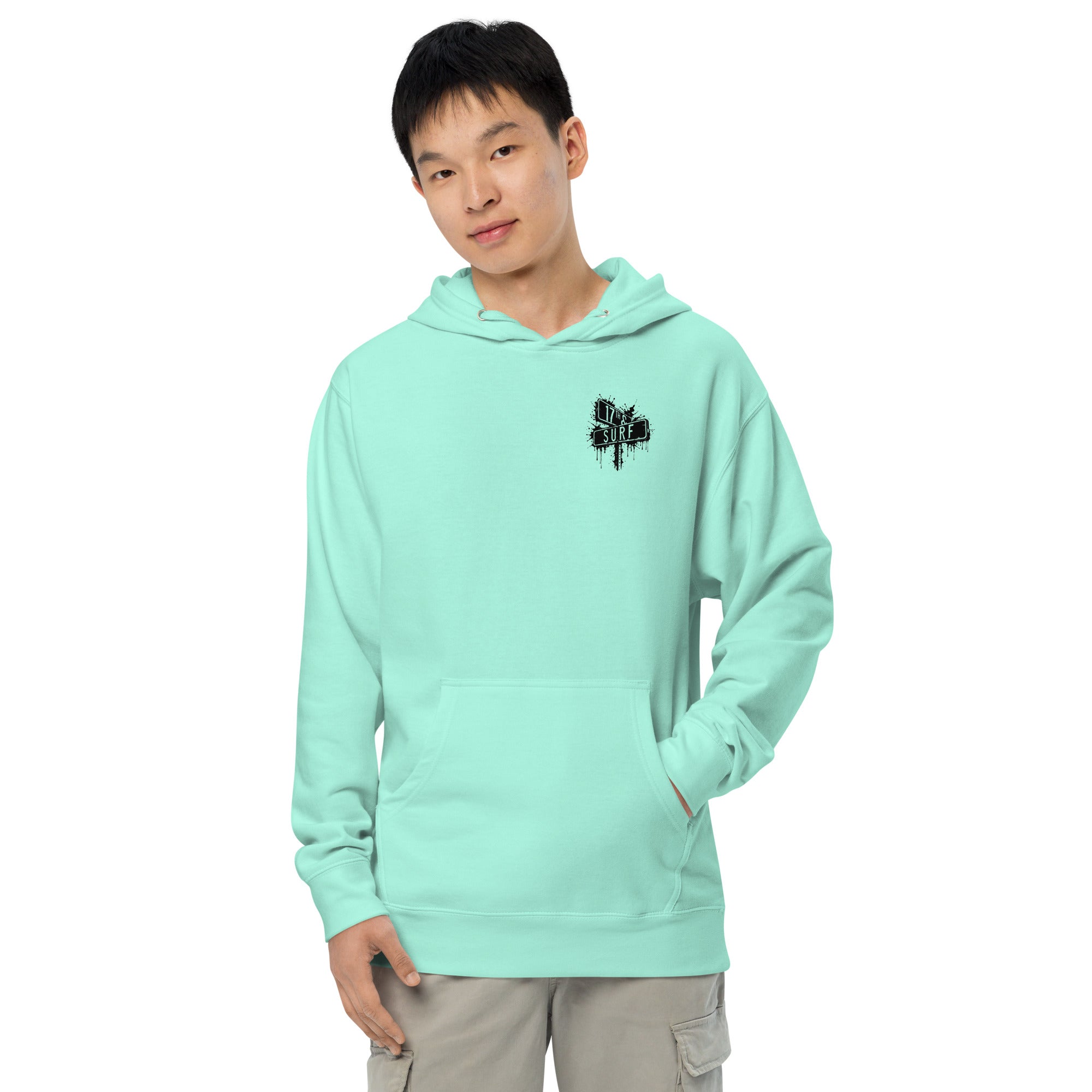 Rorschach Series Jellyfish garment-dyed heavyweight hoodie front view on male model in mint showing small "17th & Surf" street sign chest logo – 17th & Surf