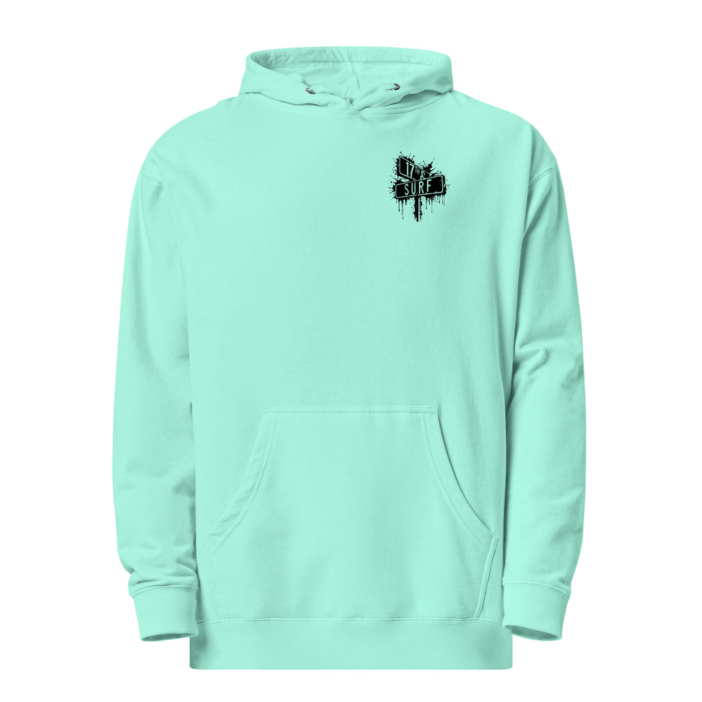 Rorschach Series Jellyfish garment-dyed heavyweight hoodie flat lay front view in mint showing small "17th & Surf" street sign chest logo – 17th & Surf