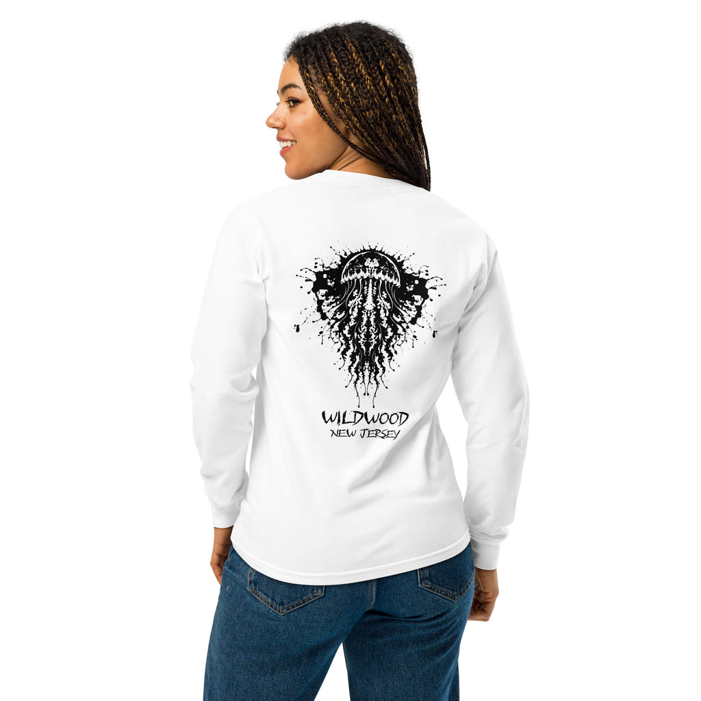 Rorschach Series Jellyfish unisex garment-dyed heavyweight long sleeve shirt back view on female model in white featuring black Rorschach ink-blot jellyfish design with "Wildwood New Jersey" text – 17th & Surf