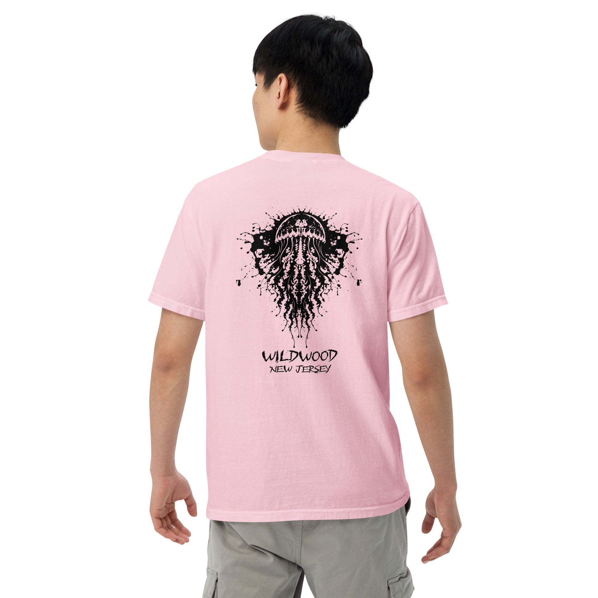 Rorschach Series Jellyfish unisex garment-dyed heavyweight t-shirt back view on male model in blossom featuring black Rorschach ink-blot jellyfish design with "Wildwood New Jersey" text – 17th & Surf