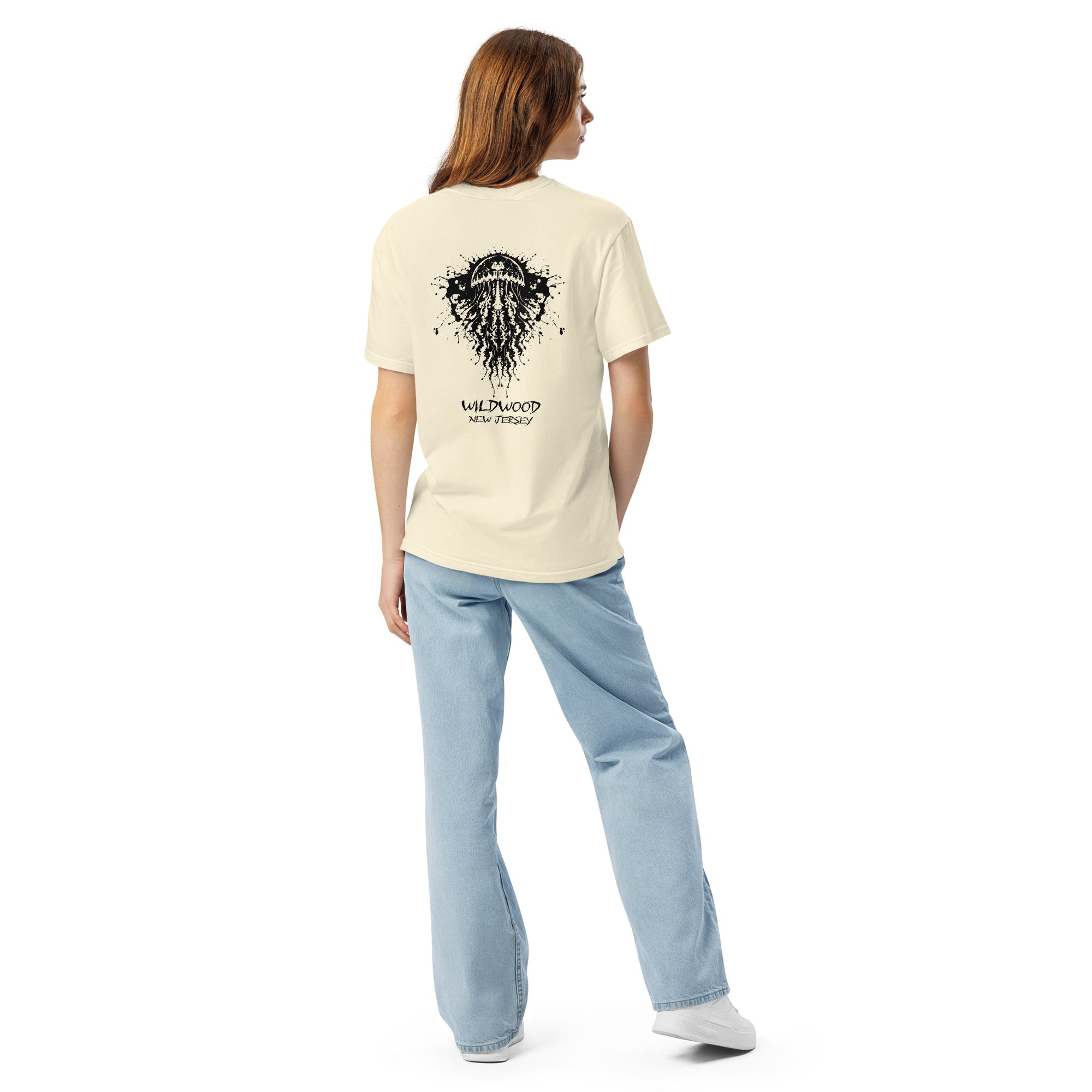 Rorschach Series Jellyfish unisex garment-dyed heavyweight t-shirt back view on female model in ivory featuring black Rorschach ink-blot jellyfish design with "Wildwood New Jersey" text – 17th & Surf