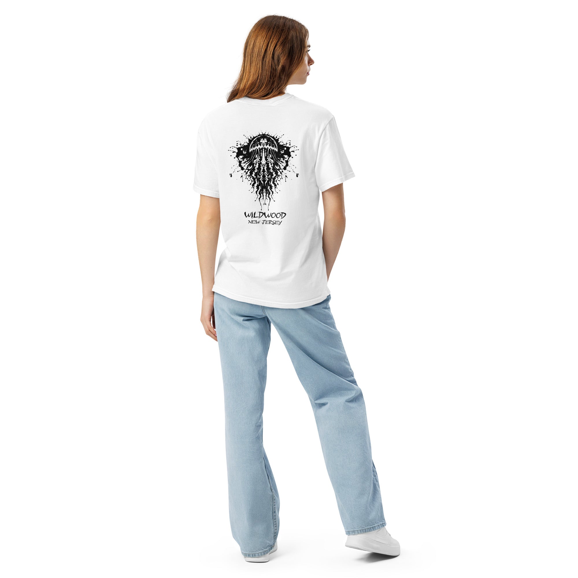Rorschach Series Jellyfish unisex garment-dyed heavyweight t-shirt back view on female model in white featuring black Rorschach ink-blot jellyfish design with "Wildwood New Jersey" text – 17th & Surf
