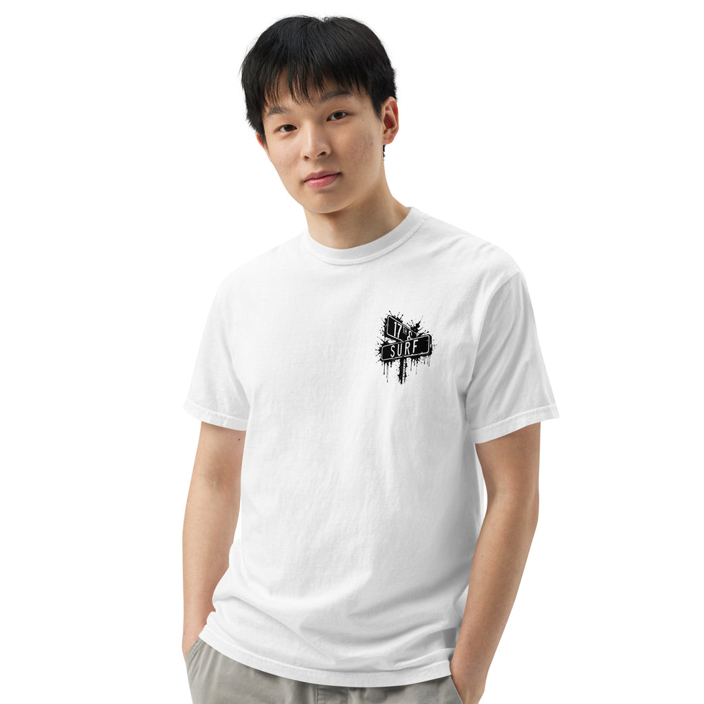 Rorschach Series Jellyfish unisex garment-dyed heavyweight t-shirt front view on male model in white showing small "17th & Surf" street sign chest logo – 17th & Surf