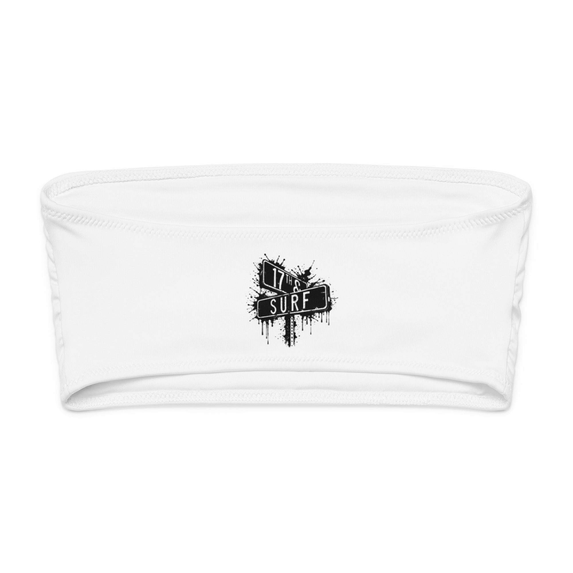 Rorschach Series Orca bandeau bikini top flat lay in white showing small "17th & Surf" street sign logo – 17th & Surf