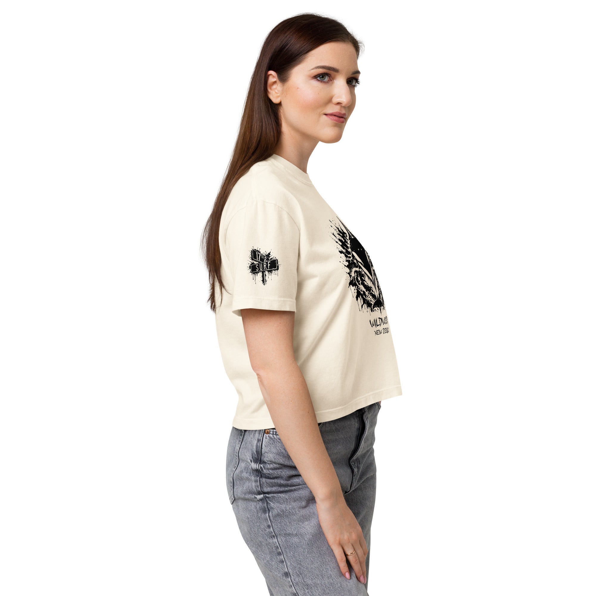 Rorschach Series Orca women's heavyweight boxy tee second right angle view in ivory showing black Rorschach ink-blot orca design and small "17th & Surf" sleeve logo – 17th & Surf