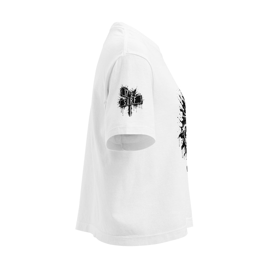 Rorschach Series Orca women's heavyweight boxy tee right angle view in white showing black Rorschach ink-blot orca design and small "17th & Surf" sleeve logo – 17th & Surf