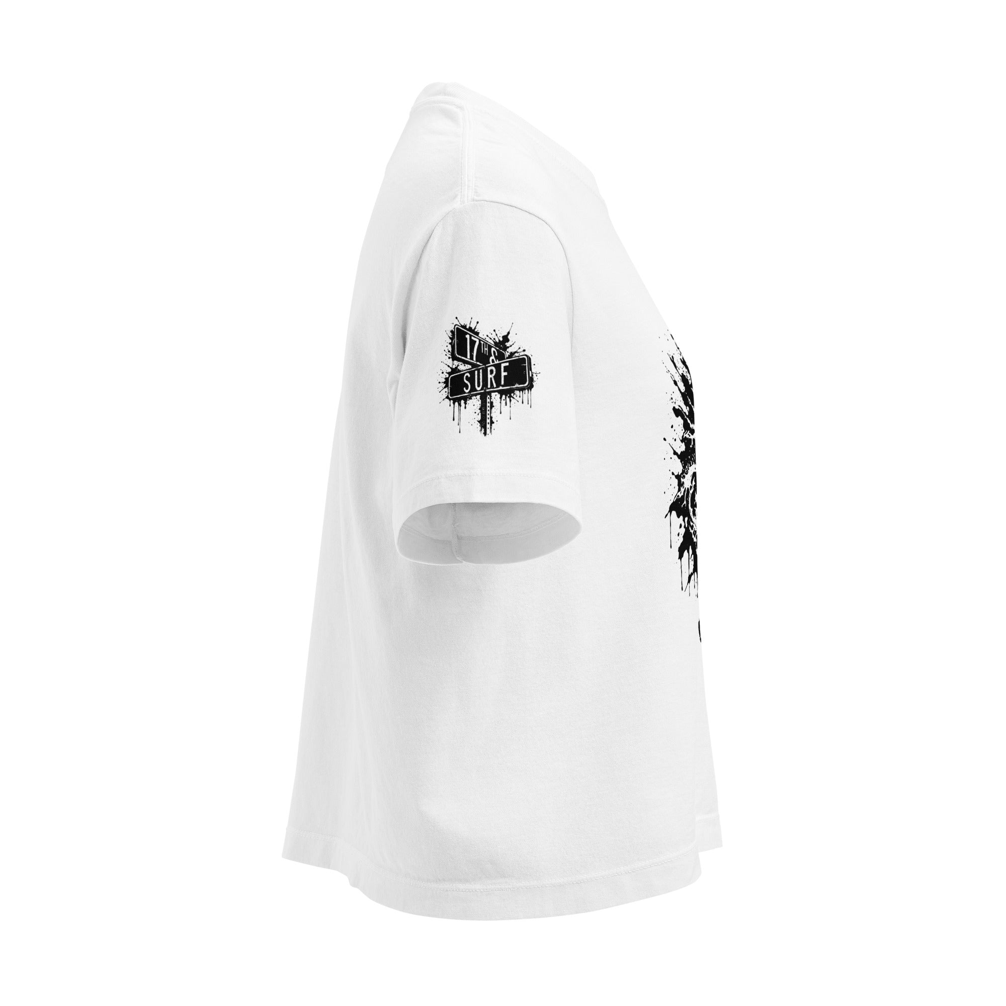 Rorschach Series Orca women's heavyweight boxy tee right angle view in white showing black Rorschach ink-blot orca design and small "17th & Surf" sleeve logo – 17th & Surf