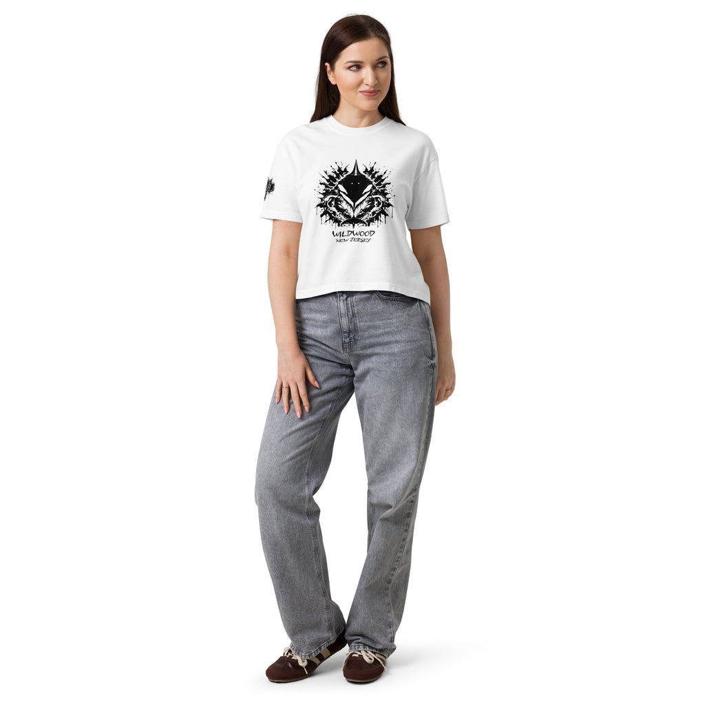 Rorschach Series Orca women's heavyweight boxy tee second front view in white featuring black Rorschach ink-blot orca design with "Wildwood New Jersey" text – 17th & Surf