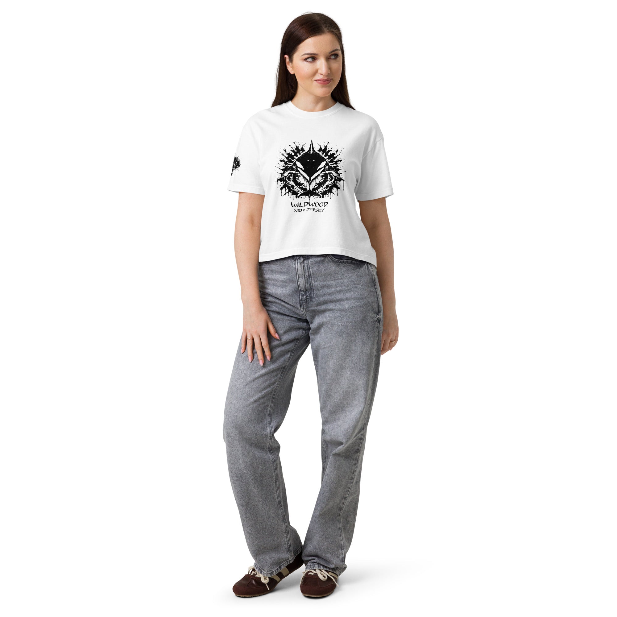 Rorschach Series Orca women's heavyweight boxy tee second front view in white featuring black Rorschach ink-blot orca design with "Wildwood New Jersey" text – 17th & Surf