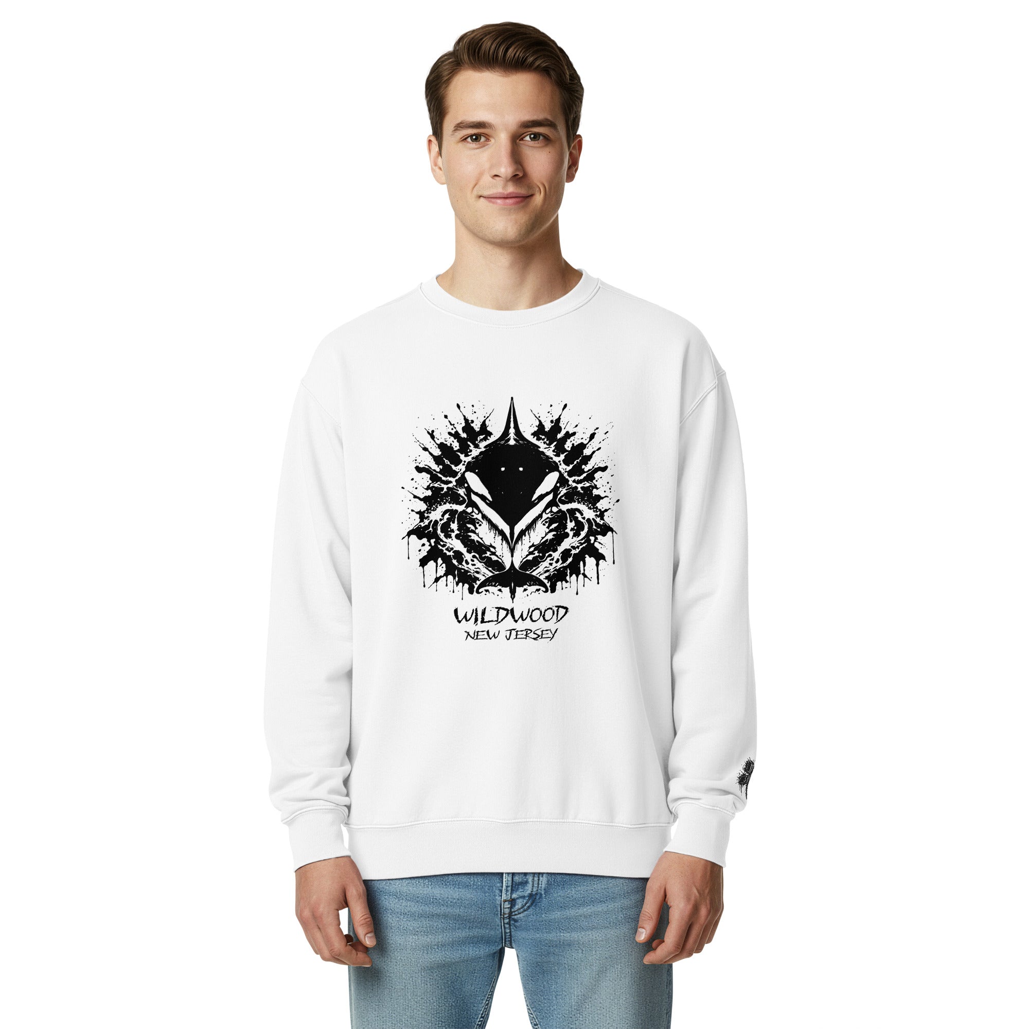 Rorschach Series Orca heavyweight crewneck sweatshirt second front view in white featuring black Rorschach ink-blot orca design with "Wildwood New Jersey" text – 17th & Surf