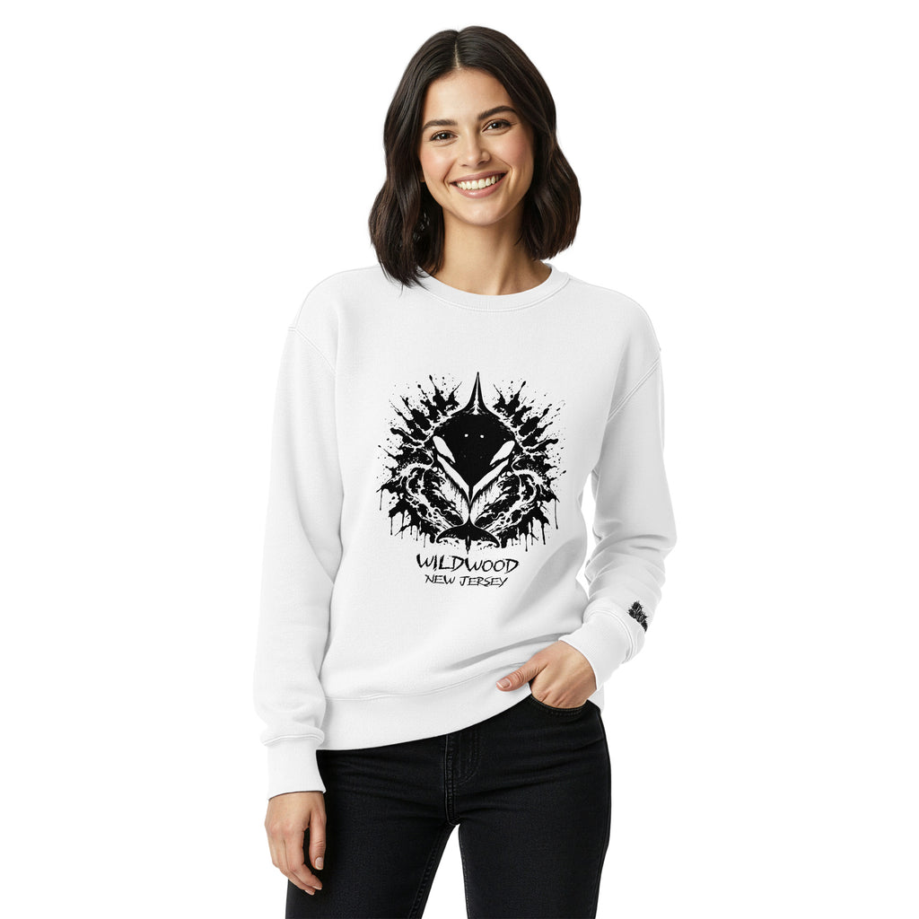 Rorschach Series Orca heavyweight crewneck sweatshirt third front view in white featuring black Rorschach ink-blot orca design with "Wildwood New Jersey" text – 17th & Surf