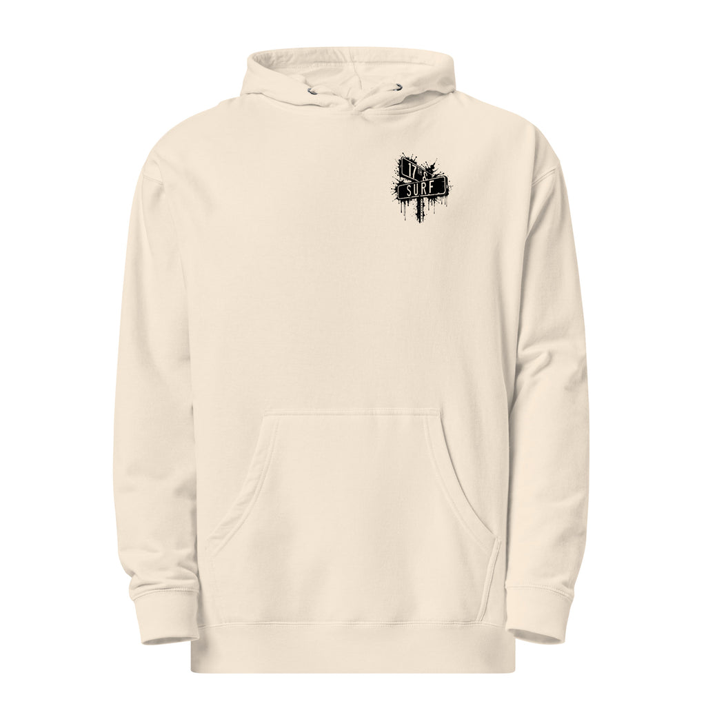 Rorschach Series Orca garment-dyed heavyweight hoodie front view in bone showing small "17th & Surf" street sign chest logo – 17th & Surf