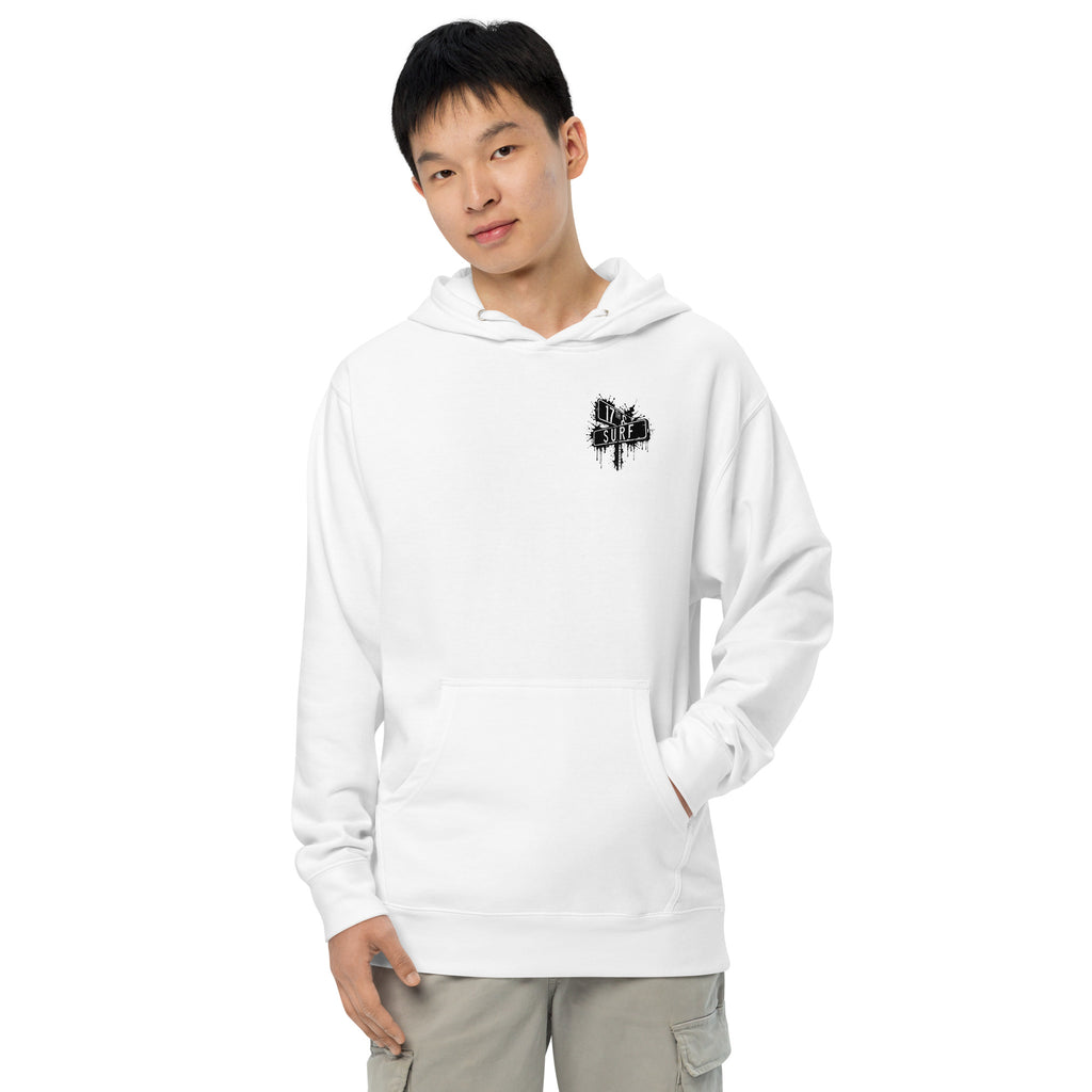 Rorschach Series Orca garment-dyed heavyweight hoodie second front view in white showing small "17th & Surf" street sign chest logo – 17th & Surf