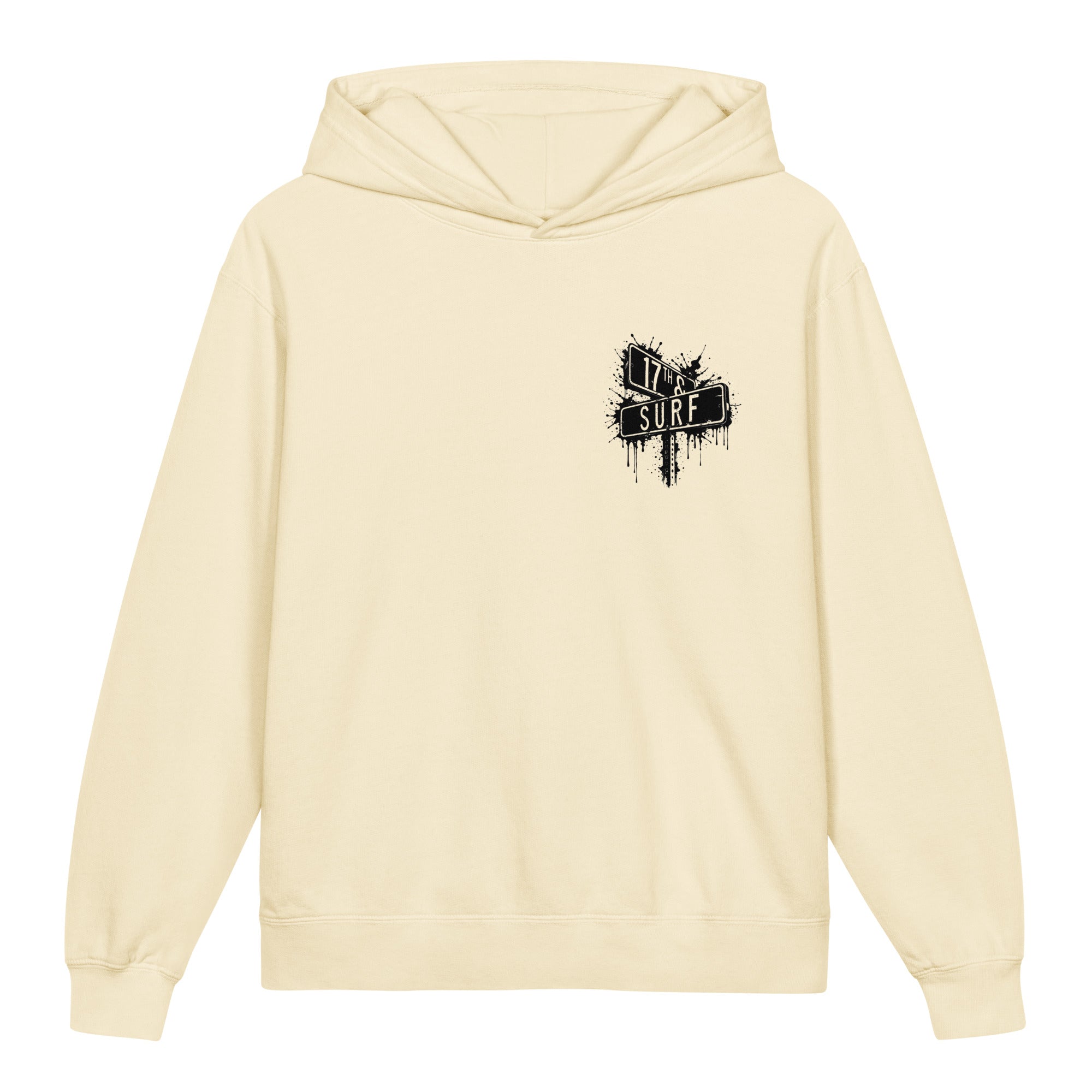 Rorschach Series Orca kid's hoodie front view in ivory showing small "17th & Surf" street sign chest logo – 17th & Surf