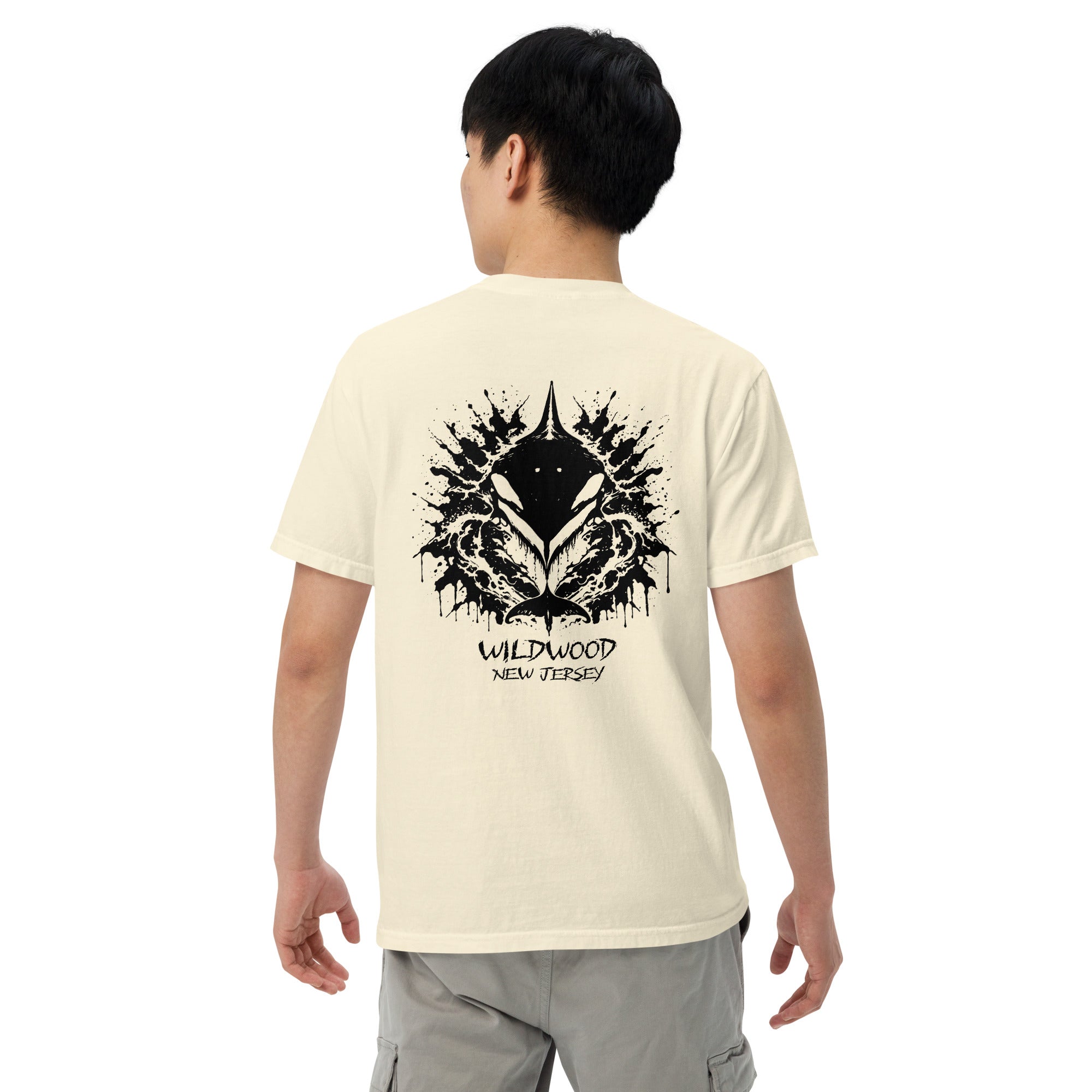 Rorschach Series Orca garment-dyed heavyweight tee third back view in ivory featuring black Rorschach ink-blot orca design with "Wildwood New Jersey" text – 17th & Surf