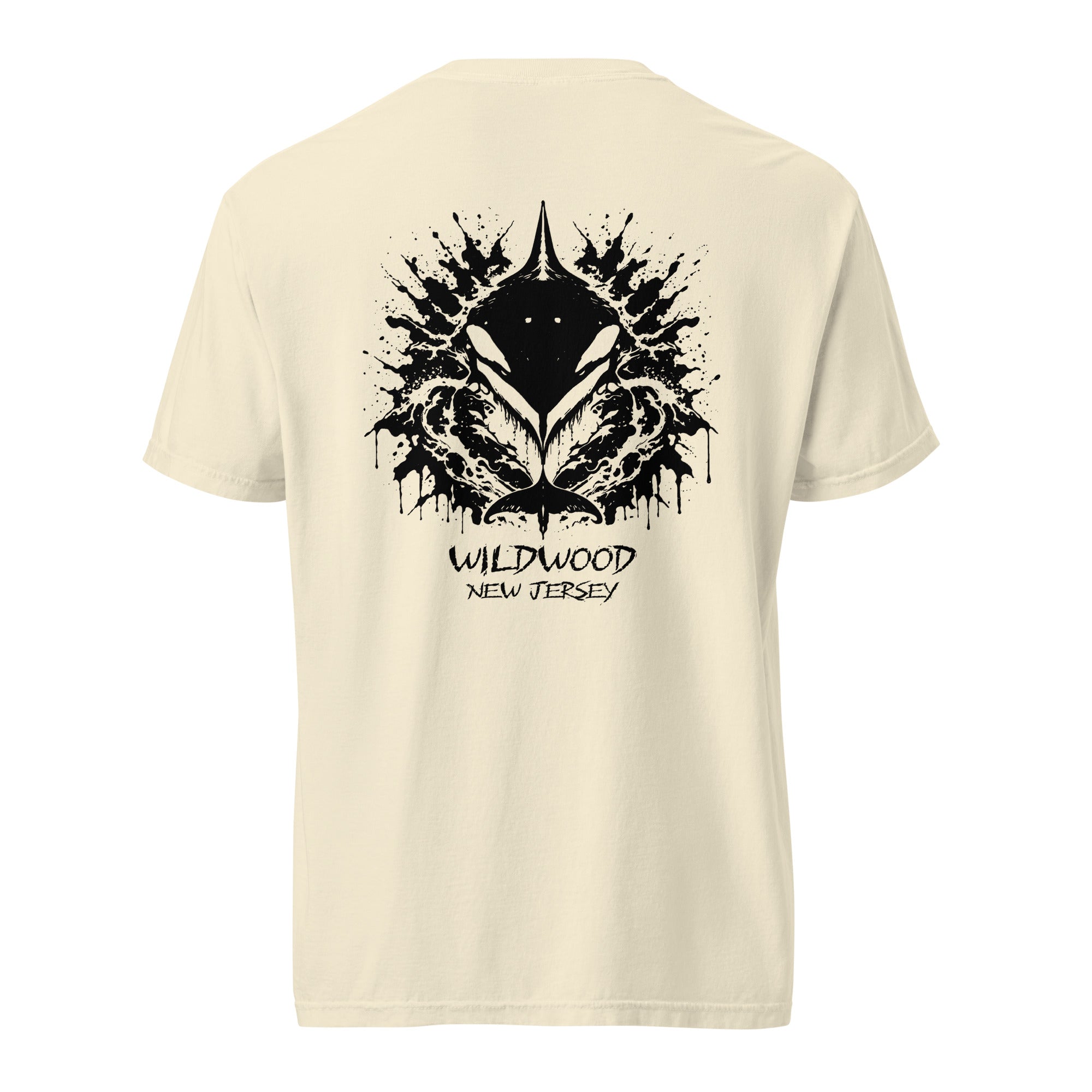 Rorschach Series Orca garment-dyed heavyweight tee back view in ivory featuring black Rorschach ink-blot orca design with "Wildwood New Jersey" text – 17th & Surf