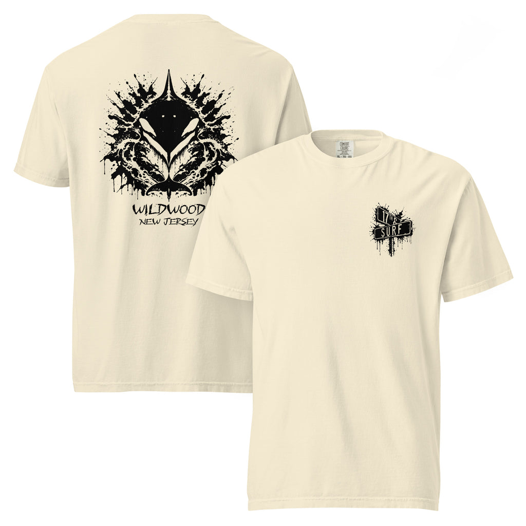 Rorschach Series Orca garment-dyed heavyweight tee front and back flat lay in ivory showing black Rorschach ink-blot orca design with "Wildwood New Jersey" text on back and small "17th & Surf" street sign chest logo on front – 17th & Surf
