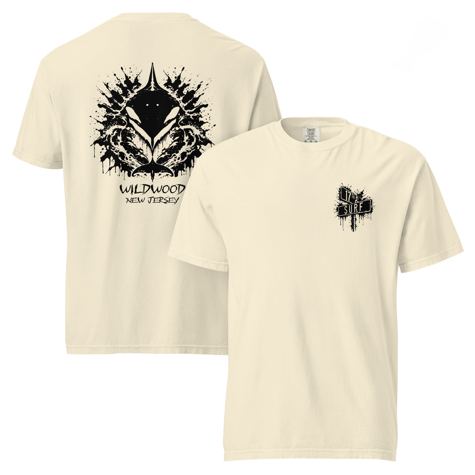 Rorschach Series Orca garment-dyed heavyweight tee front and back flat lay in ivory showing black Rorschach ink-blot orca design with "Wildwood New Jersey" text on back and small "17th & Surf" street sign chest logo on front – 17th & Surf